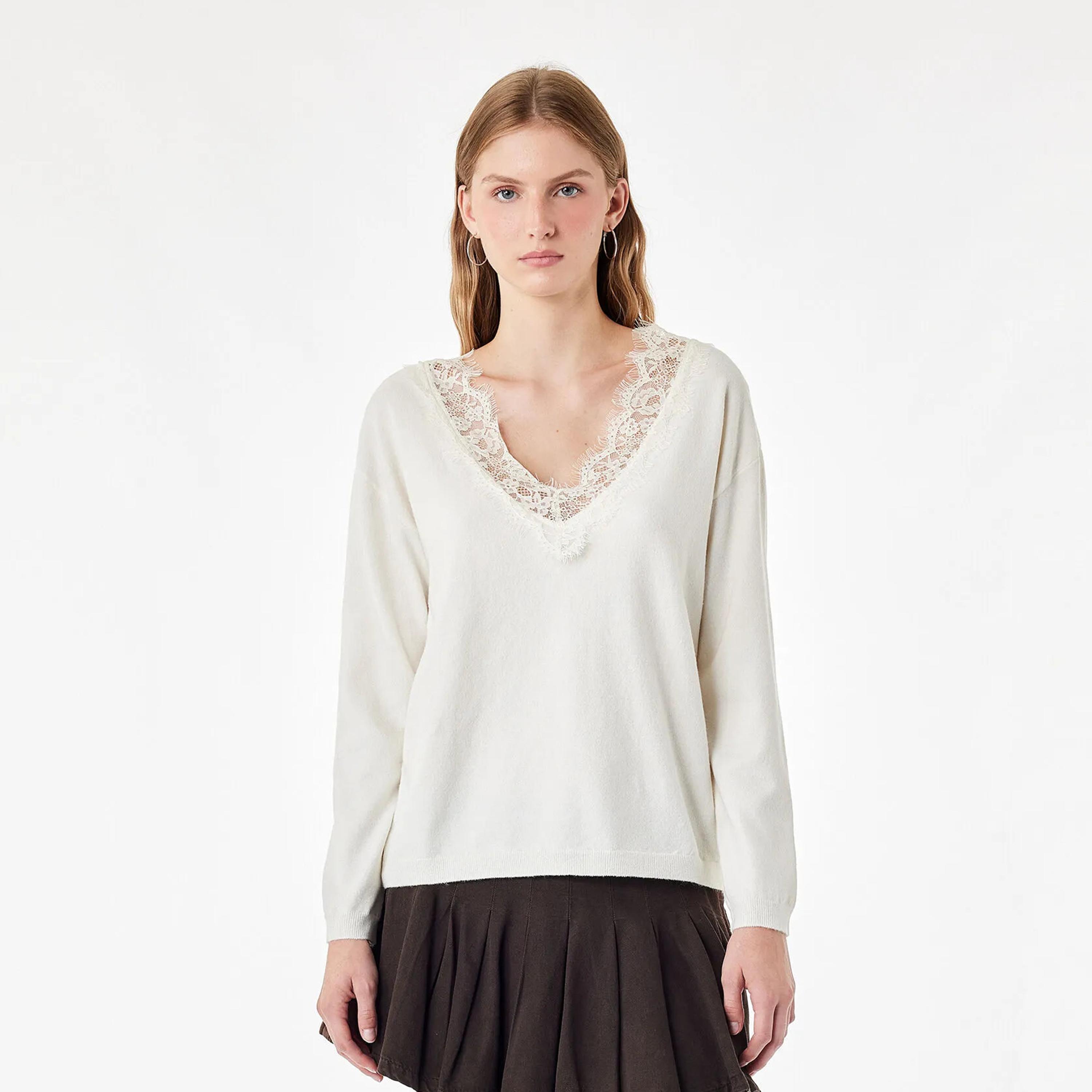بلوفر حريمي بأكمام منسدلة وتفاصيل دانتيل من كوتون-women-winterwear-cardigansandjumpers-jumpers-image-7