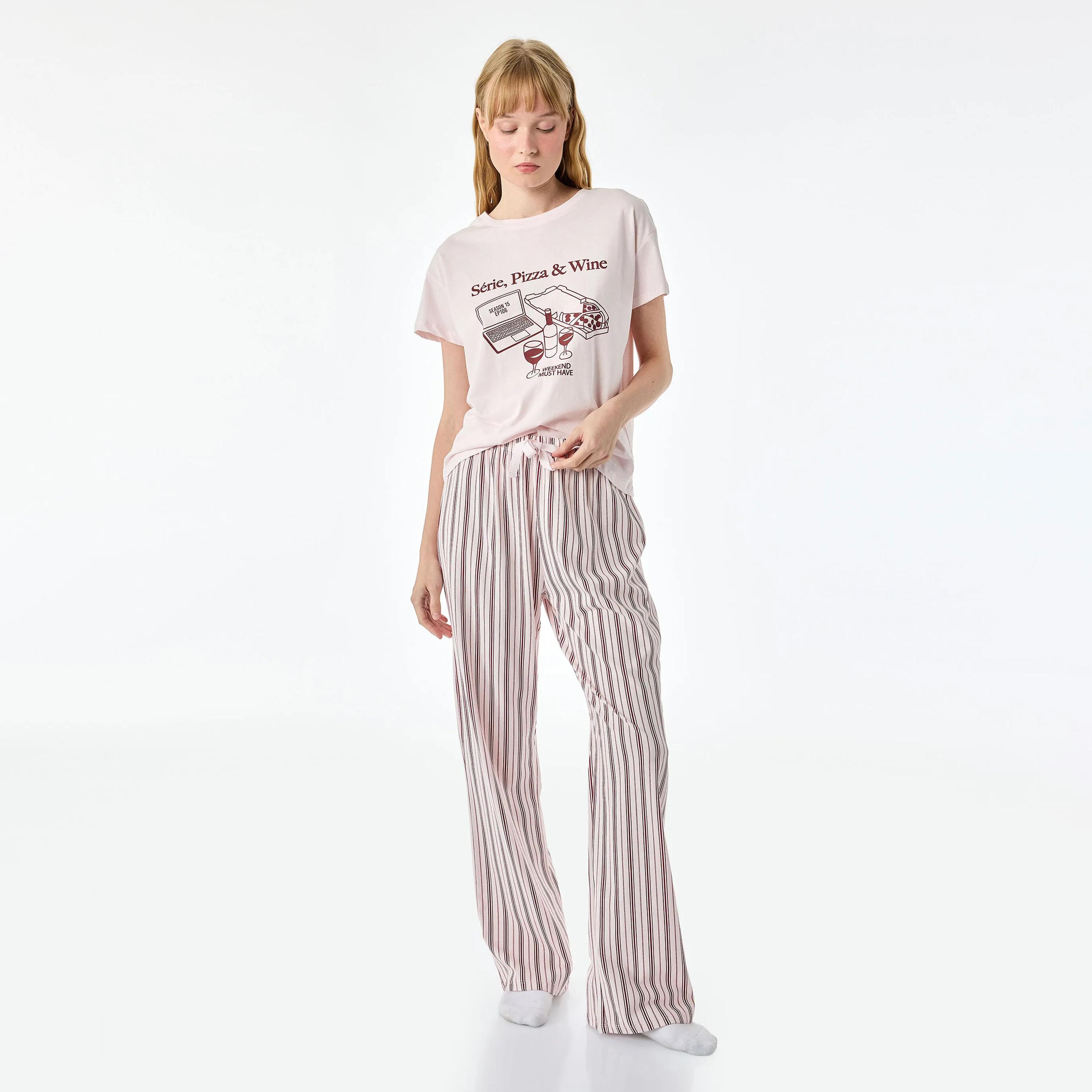 KOTON Pink Striped Women's T-Shirt & Pyjama Set-women-clothing-nightwear-pyjamas-longsets-image-1