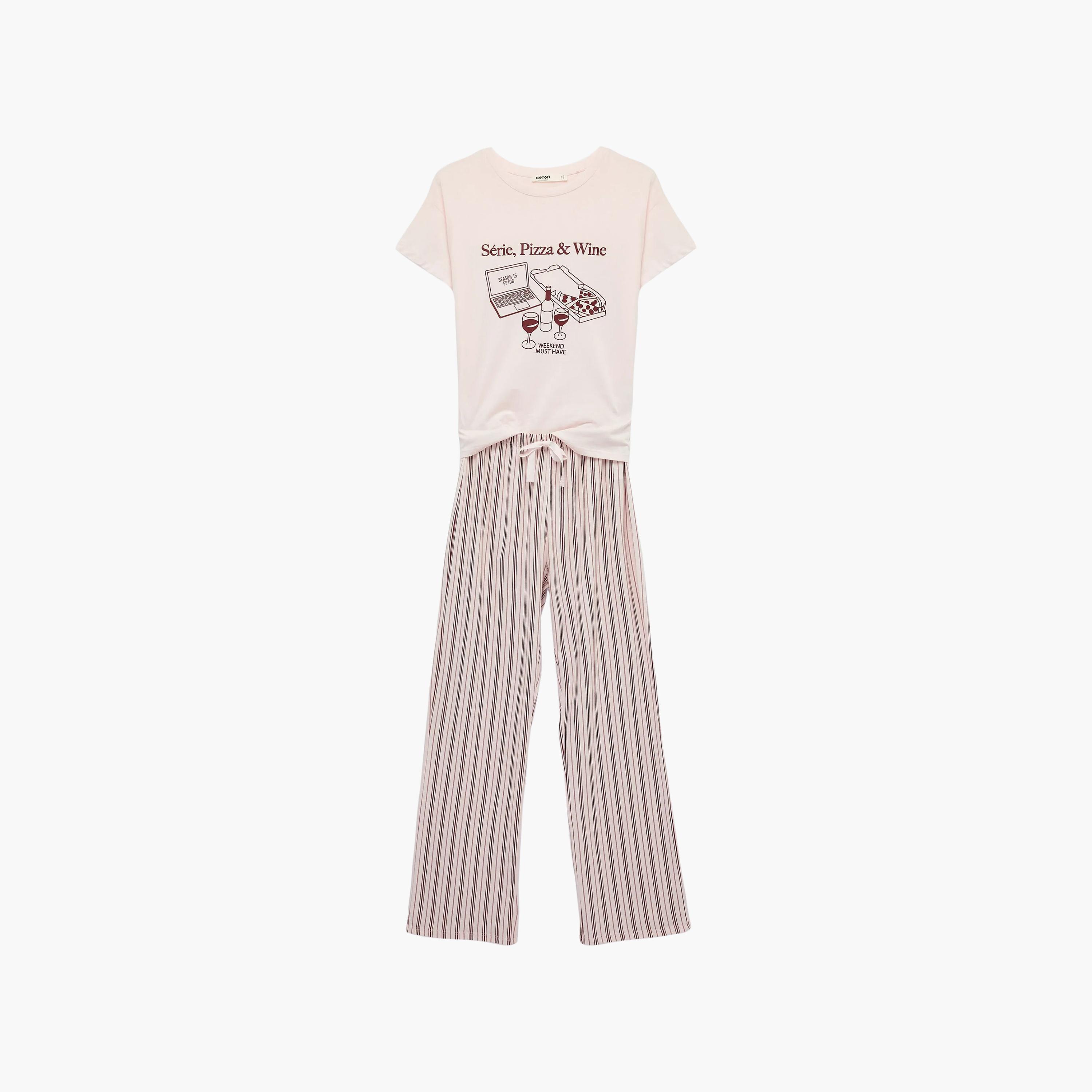 KOTON Pink Striped Women's T-Shirt & Pyjama Set-women-clothing-nightwear-pyjamas-longsets-image-2