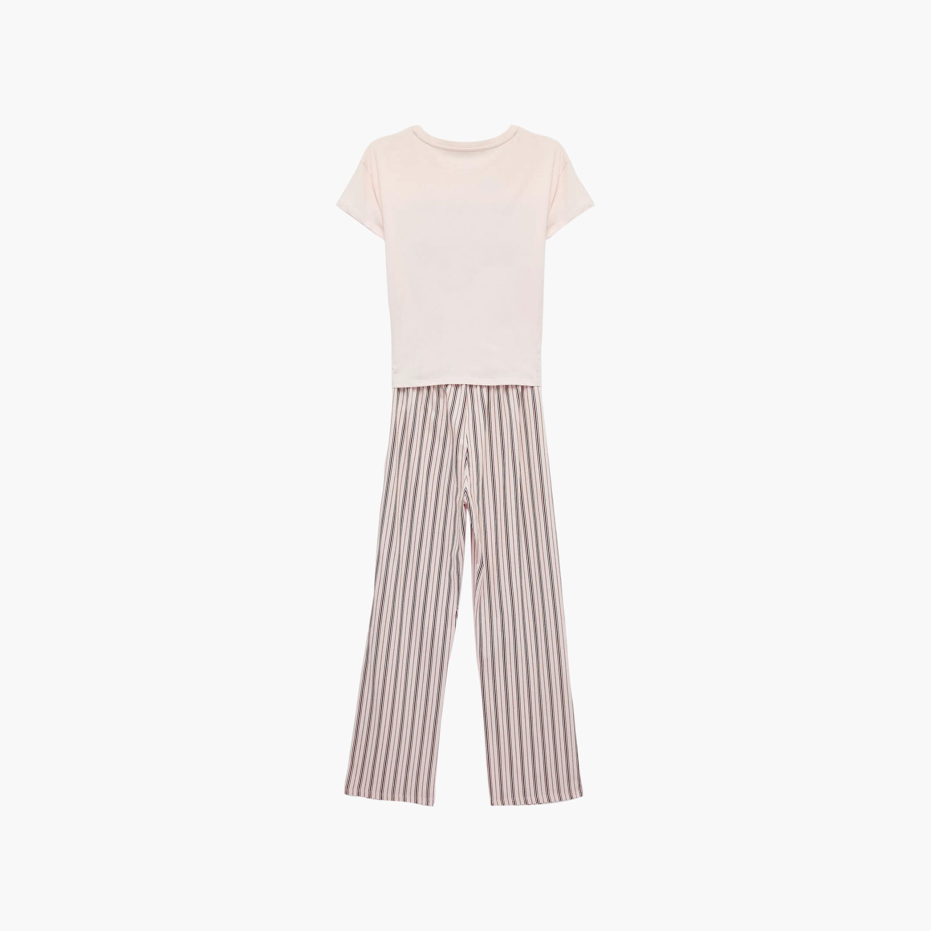 KOTON Pink Striped Women's T-Shirt & Pyjama Set-women-clothing-nightwear-pyjamas-longsets-image-3