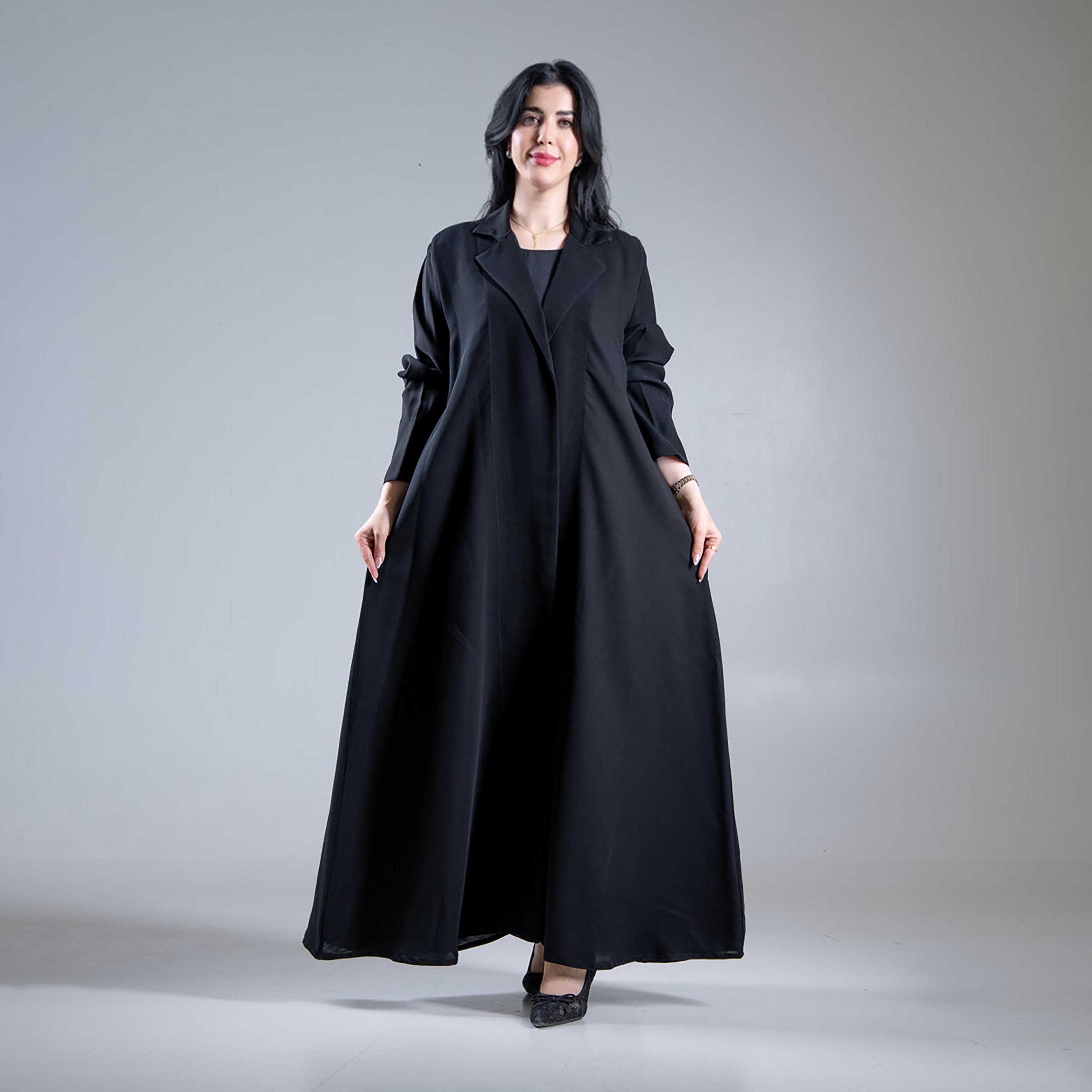 Aljamal Alraaqi Black Creativity Crepe Women's Coat Style Double Cloche Abaya-women-arabicclothing-abayas-image-1