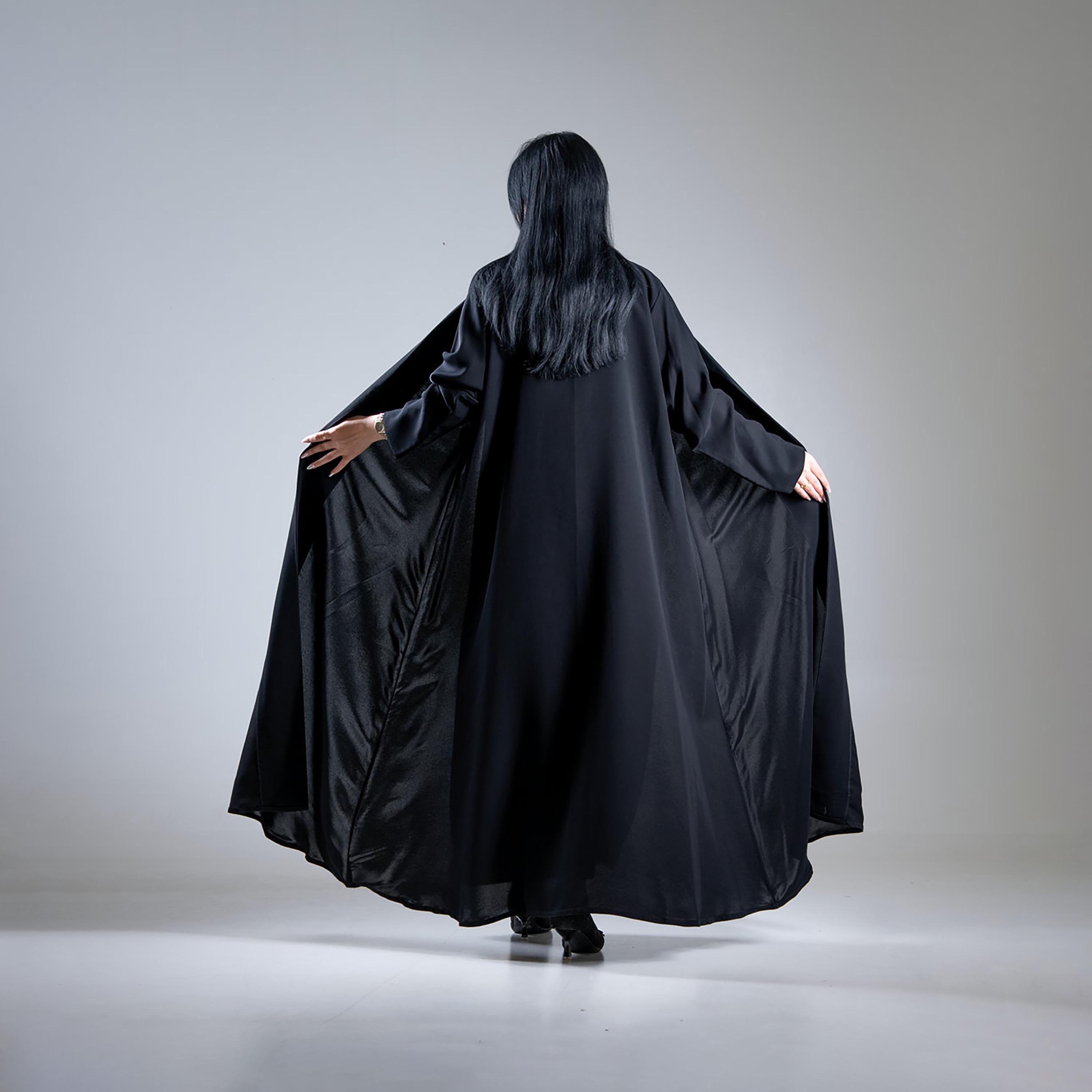 Aljamal Alraaqi Black Creativity Crepe Women's Coat Style Double Cloche Abaya-women-arabicclothing-abayas-image-5