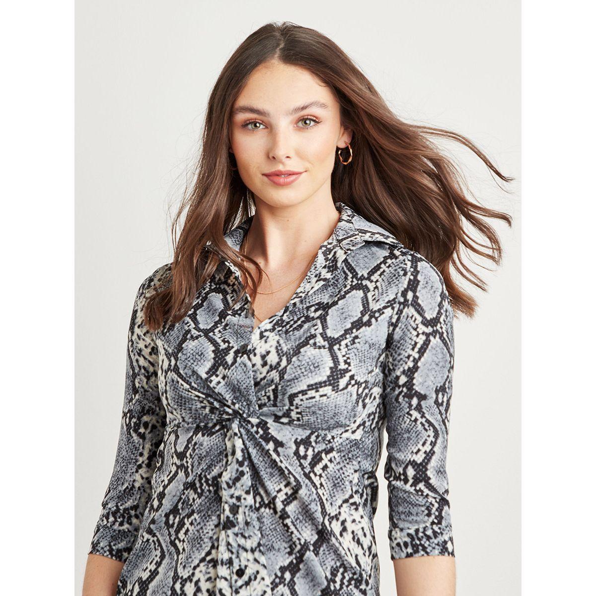 Styli Snake Print Knot Shirt Dress with Front Button Closure-women-clothing-dresses-image-2