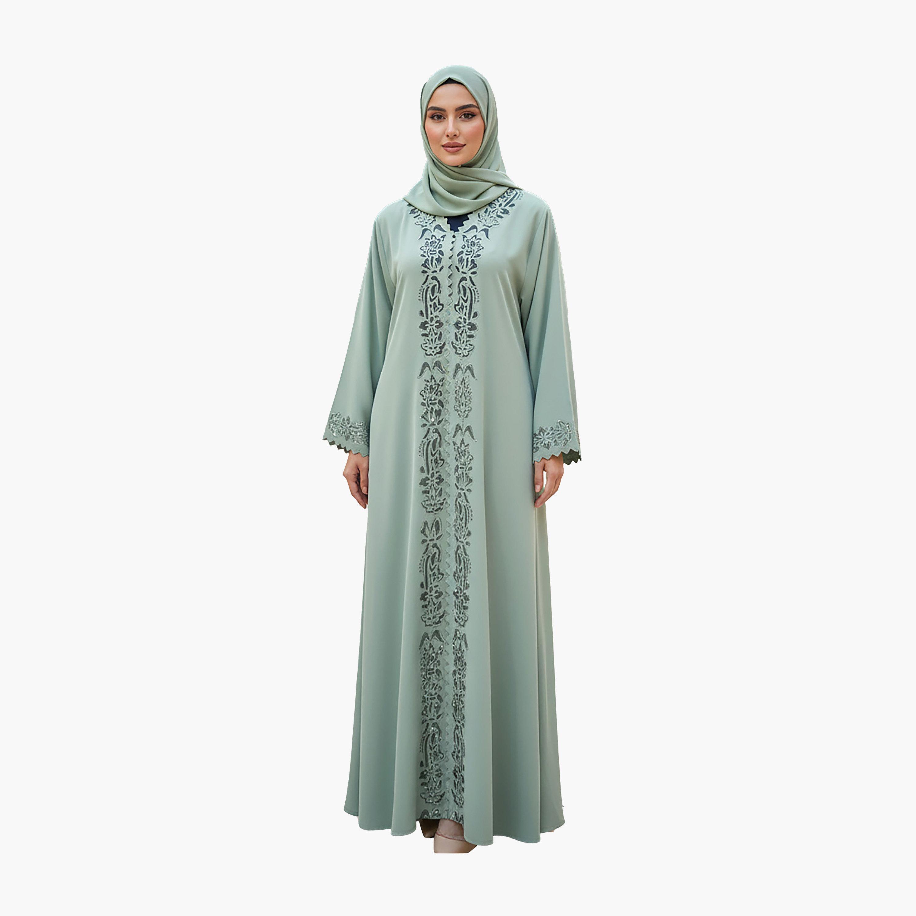 عباية سهرة نيدا نسائية خضراء بنقشة صدفية وتفاصيل قص بالليزر مع حجاب من نخبة-women-arabicclothing-abayas-image-1