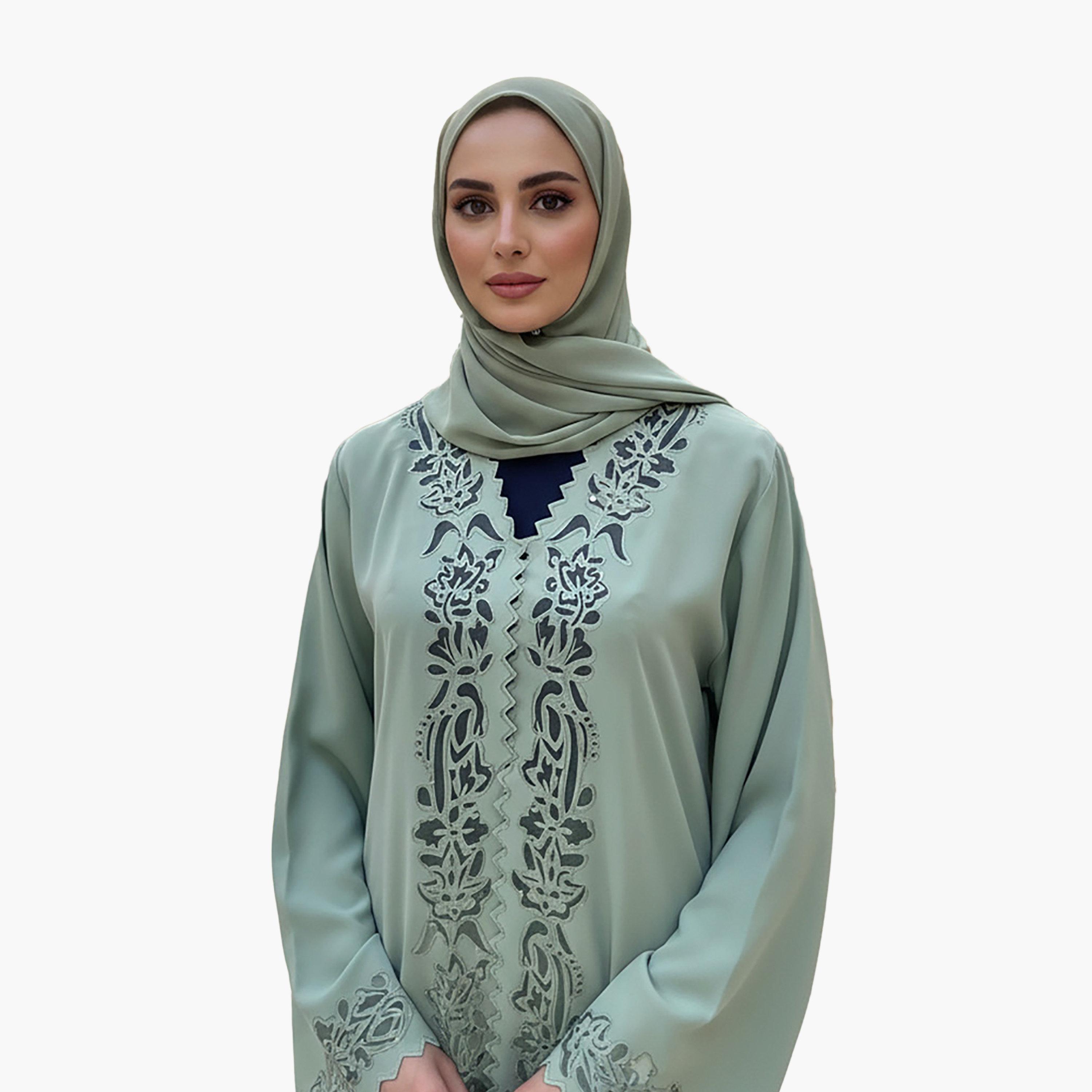 عباية سهرة نيدا نسائية خضراء بنقشة صدفية وتفاصيل قص بالليزر مع حجاب من نخبة-women-arabicclothing-abayas-image-2