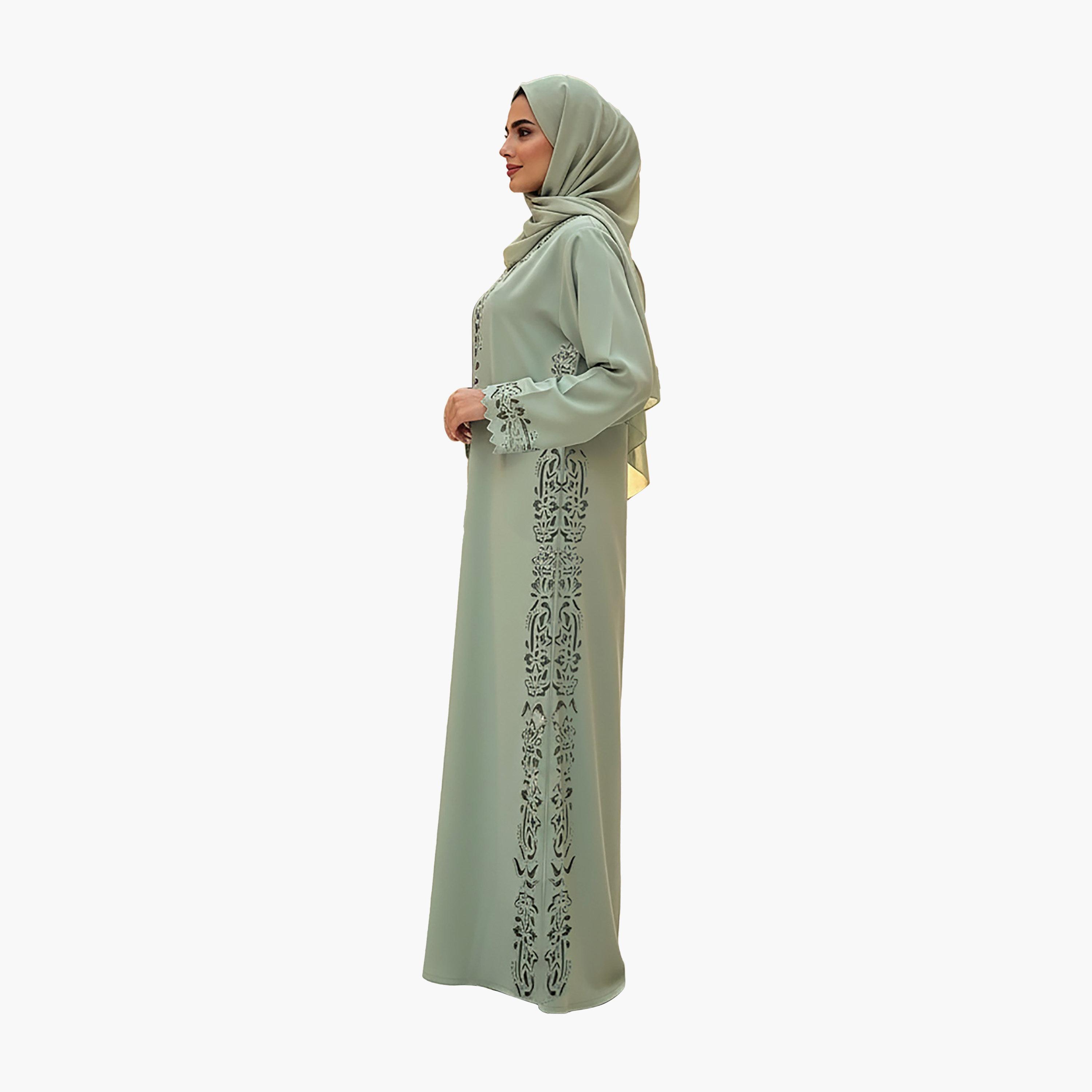 عباية سهرة نيدا نسائية خضراء بنقشة صدفية وتفاصيل قص بالليزر مع حجاب من نخبة-women-arabicclothing-abayas-image-3