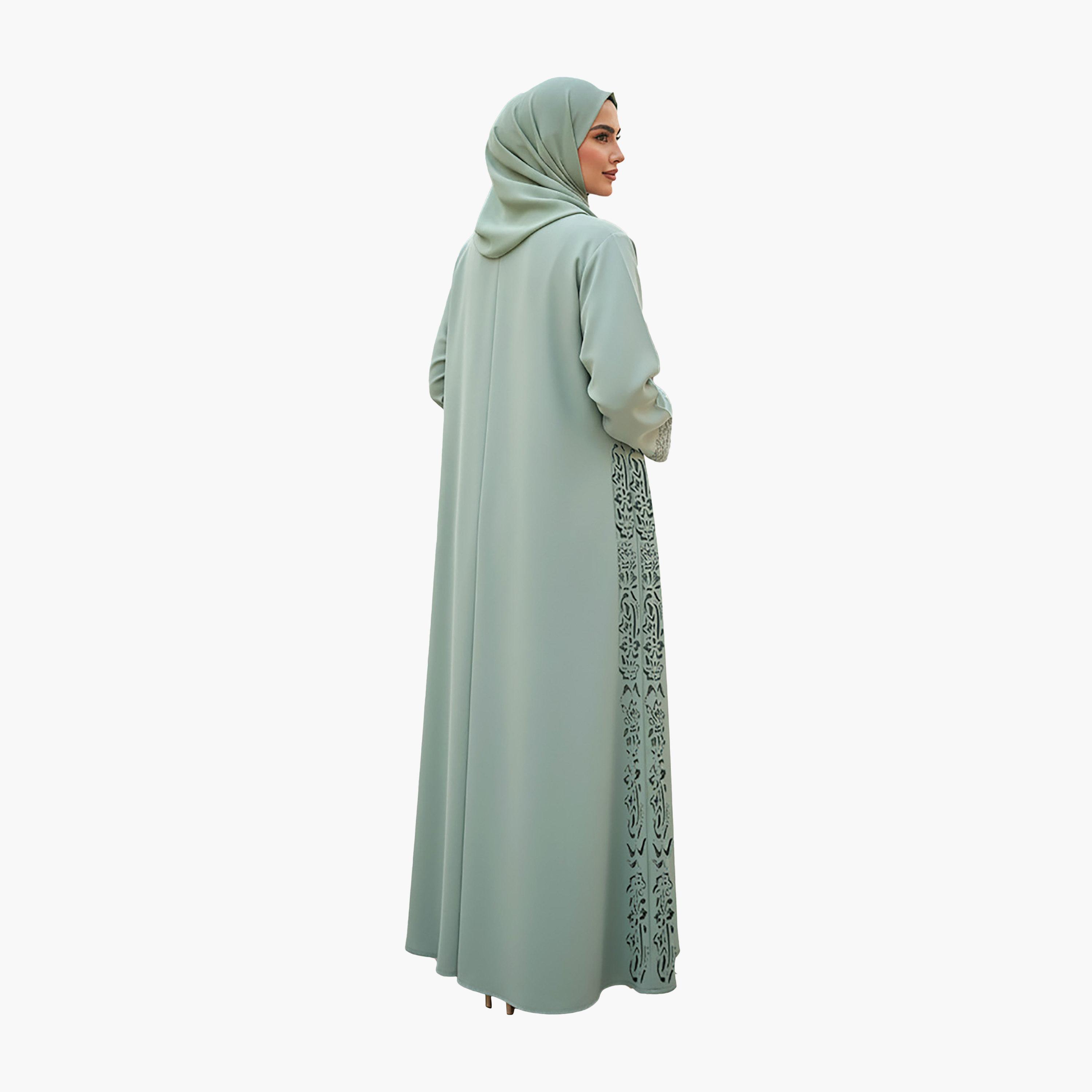عباية سهرة نيدا نسائية خضراء بنقشة صدفية وتفاصيل قص بالليزر مع حجاب من نخبة-women-arabicclothing-abayas-image-4