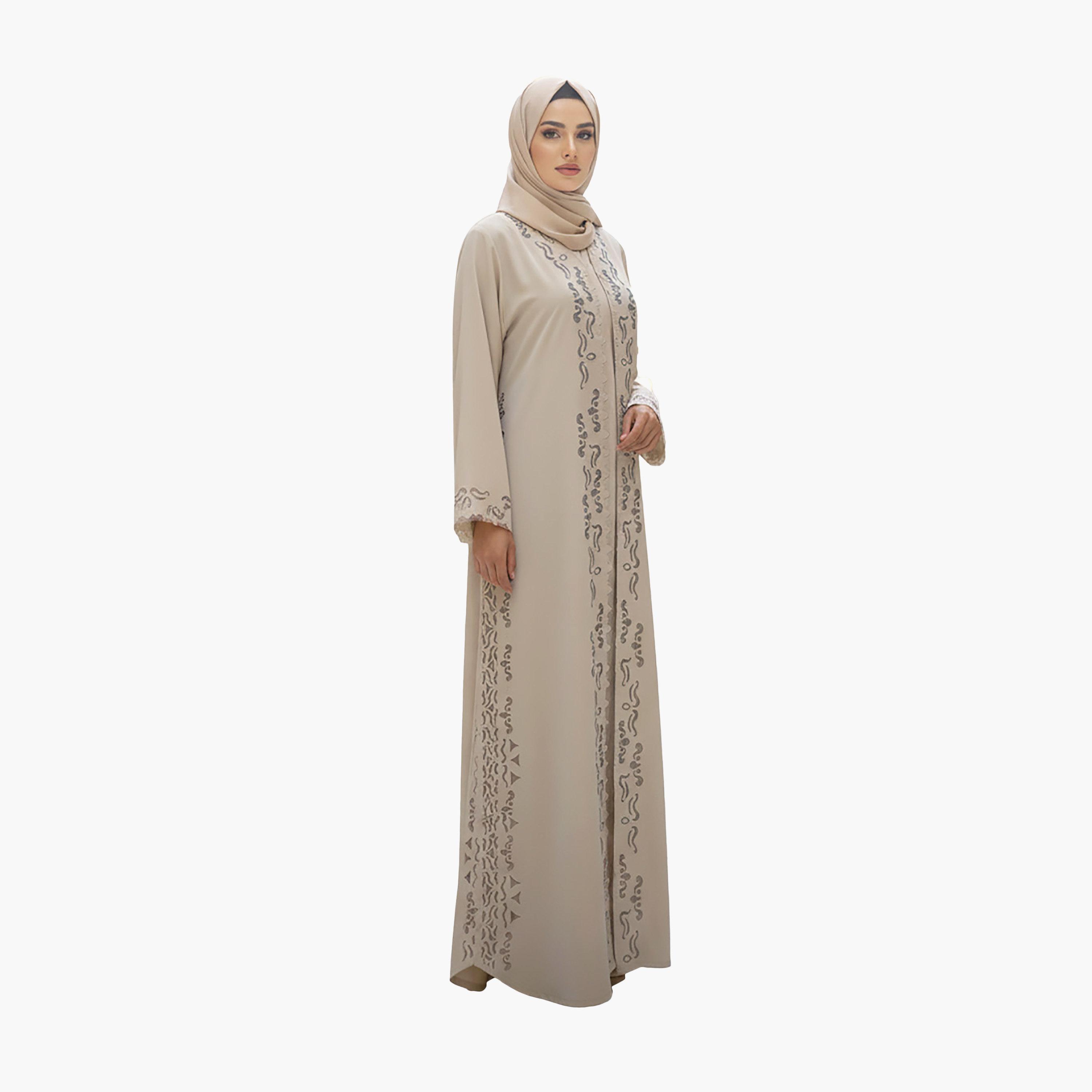 Nukhbaa Beige Laser Cut Embroidered Scalloped Cuffs Nida Women's Evening Abaya with Hijab-women-arabicclothing-abayas-image-1