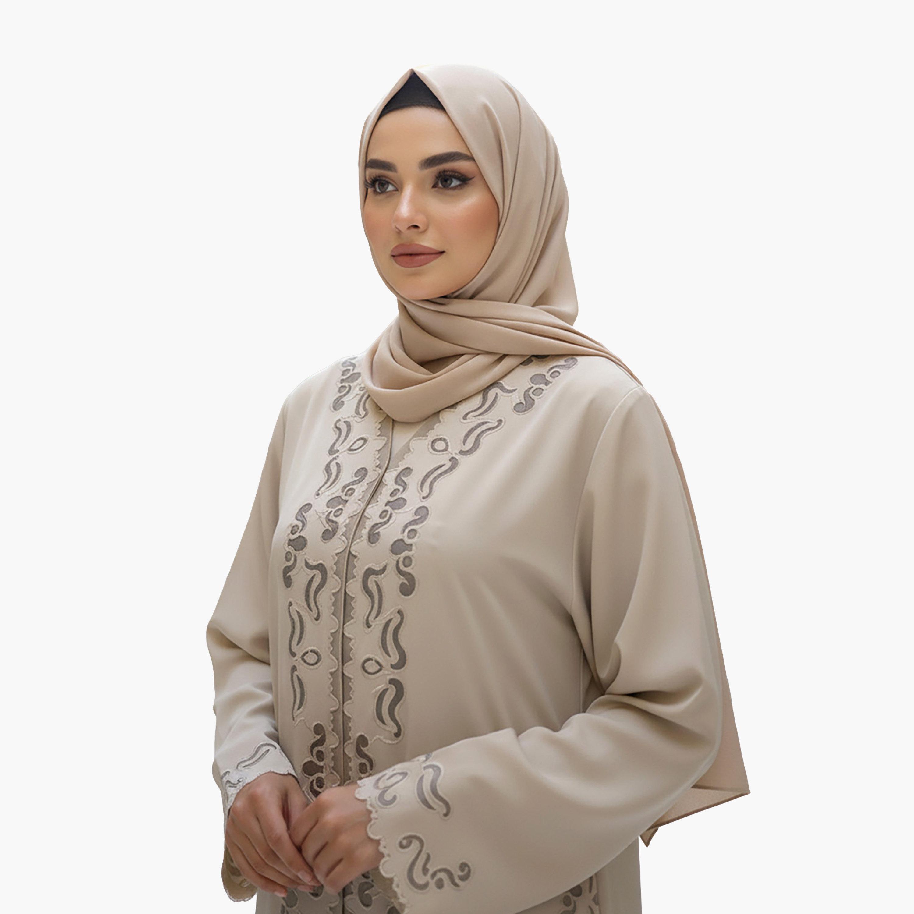 Nukhbaa Beige Laser Cut Embroidered Scalloped Cuffs Nida Women's Evening Abaya with Hijab-women-arabicclothing-abayas-image-2