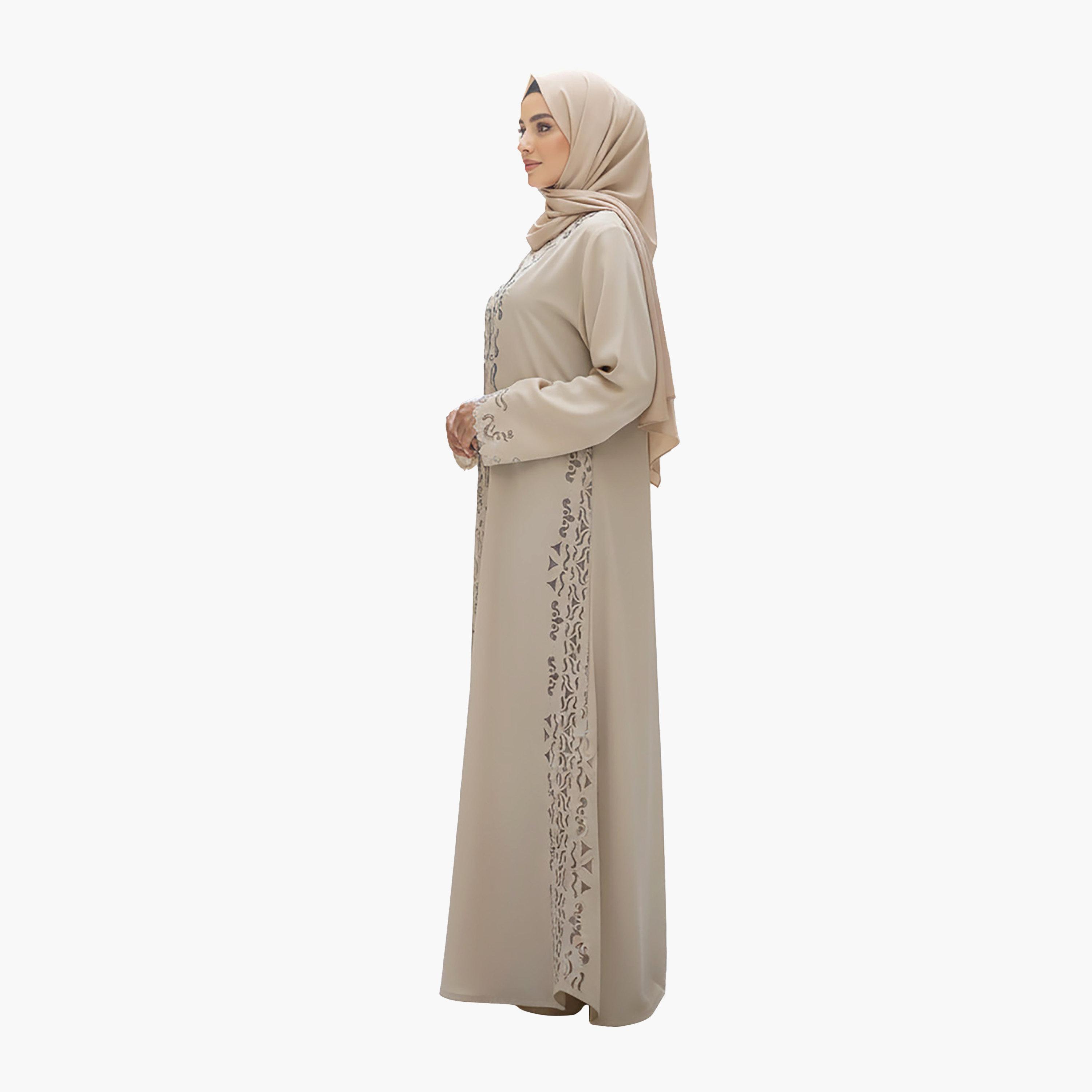 Nukhbaa Beige Laser Cut Embroidered Scalloped Cuffs Nida Women's Evening Abaya with Hijab-women-arabicclothing-abayas-image-3