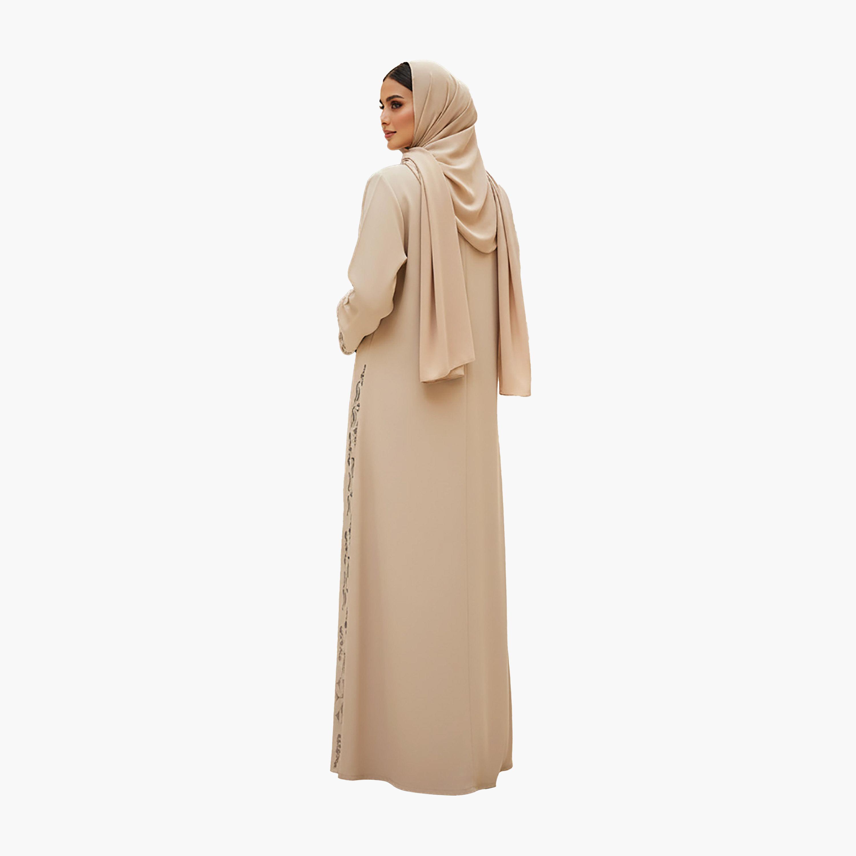 Nukhbaa Beige Laser Cut Embroidered Scalloped Cuffs Nida Women's Evening Abaya with Hijab-women-arabicclothing-abayas-image-4