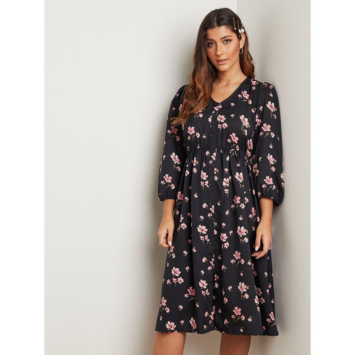 Styli Floral Ditsy Printed V Neck Midi Dress with Button Closure-women-clothing-dresses-image-1