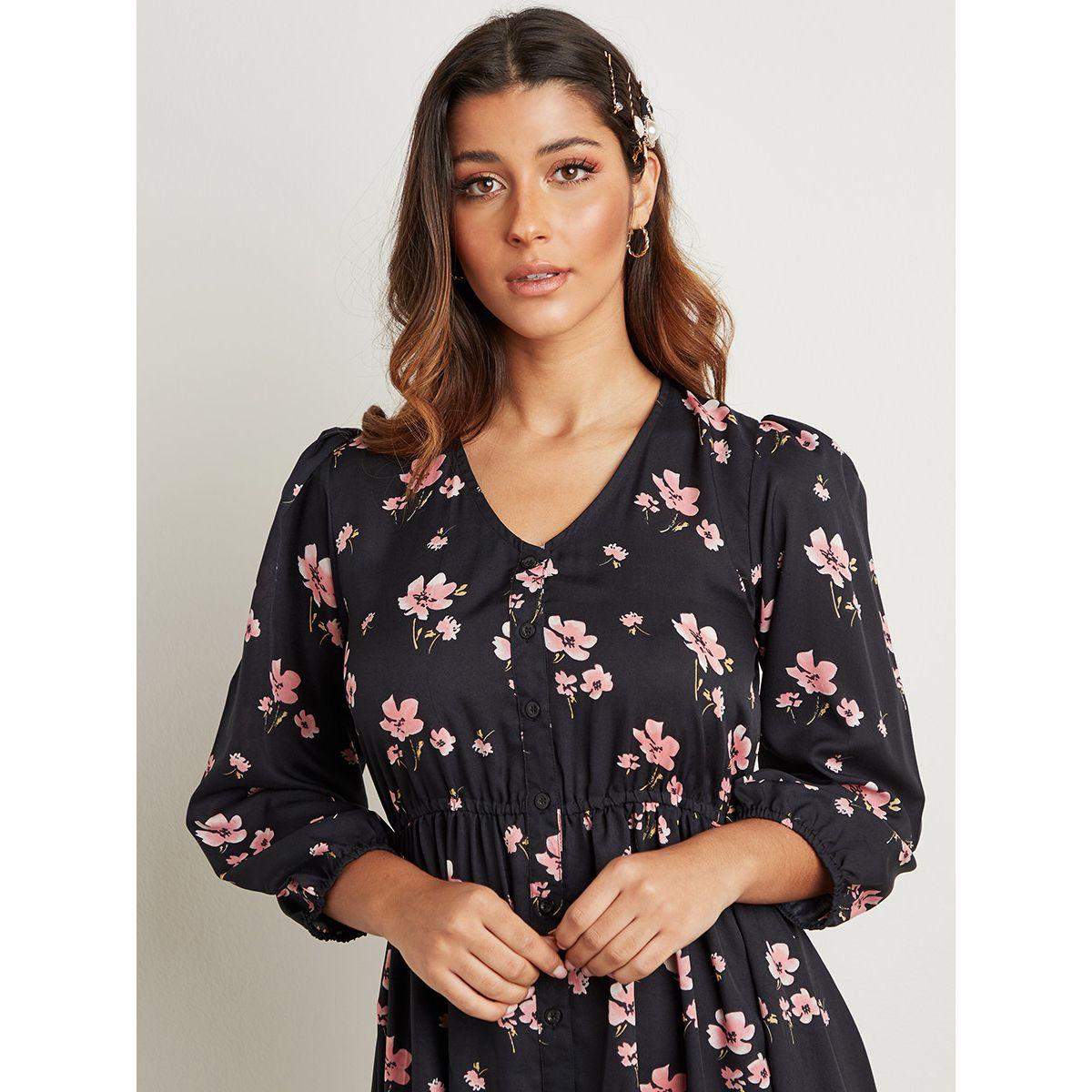 Styli Floral Ditsy Printed V Neck Midi Dress with Button Closure-women-clothing-dresses-image-2