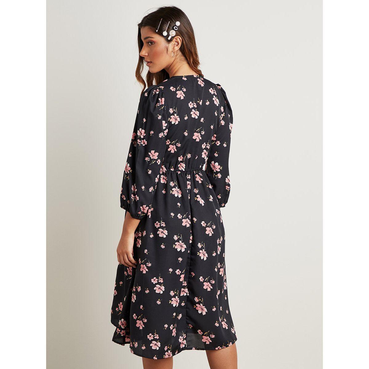 Styli Floral Ditsy Printed V Neck Midi Dress with Button Closure-women-clothing-dresses-image-4