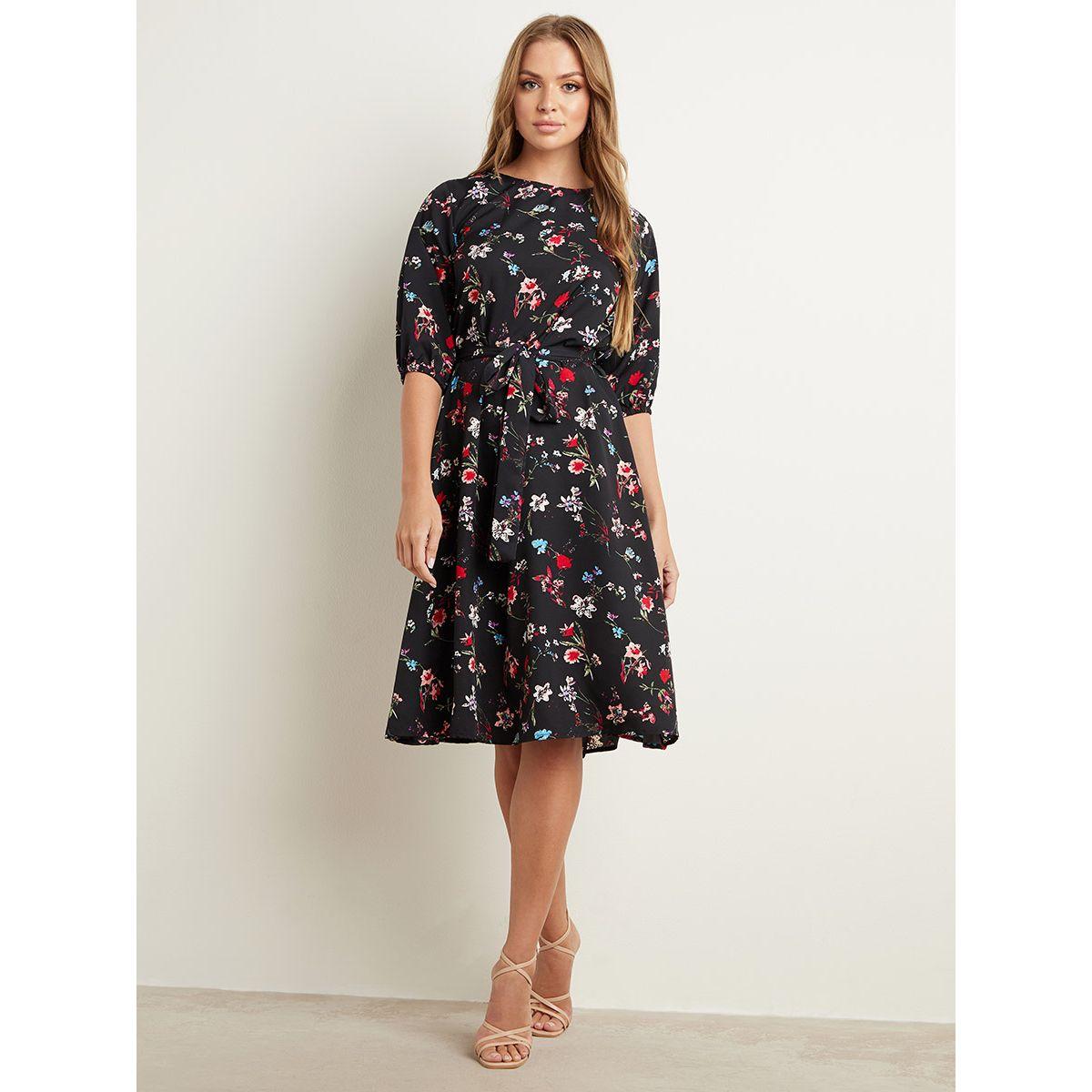 Styli Floral Printed 3/4 Sleeves Midi Dress with Tie Waist-women-clothing-dresses-image-1