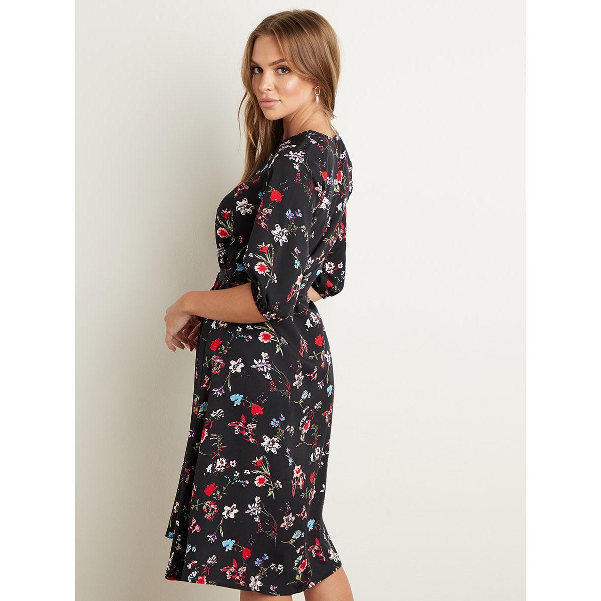 Styli Floral Printed 3/4 Sleeves Midi Dress with Tie Waist-women-clothing-dresses-image-2