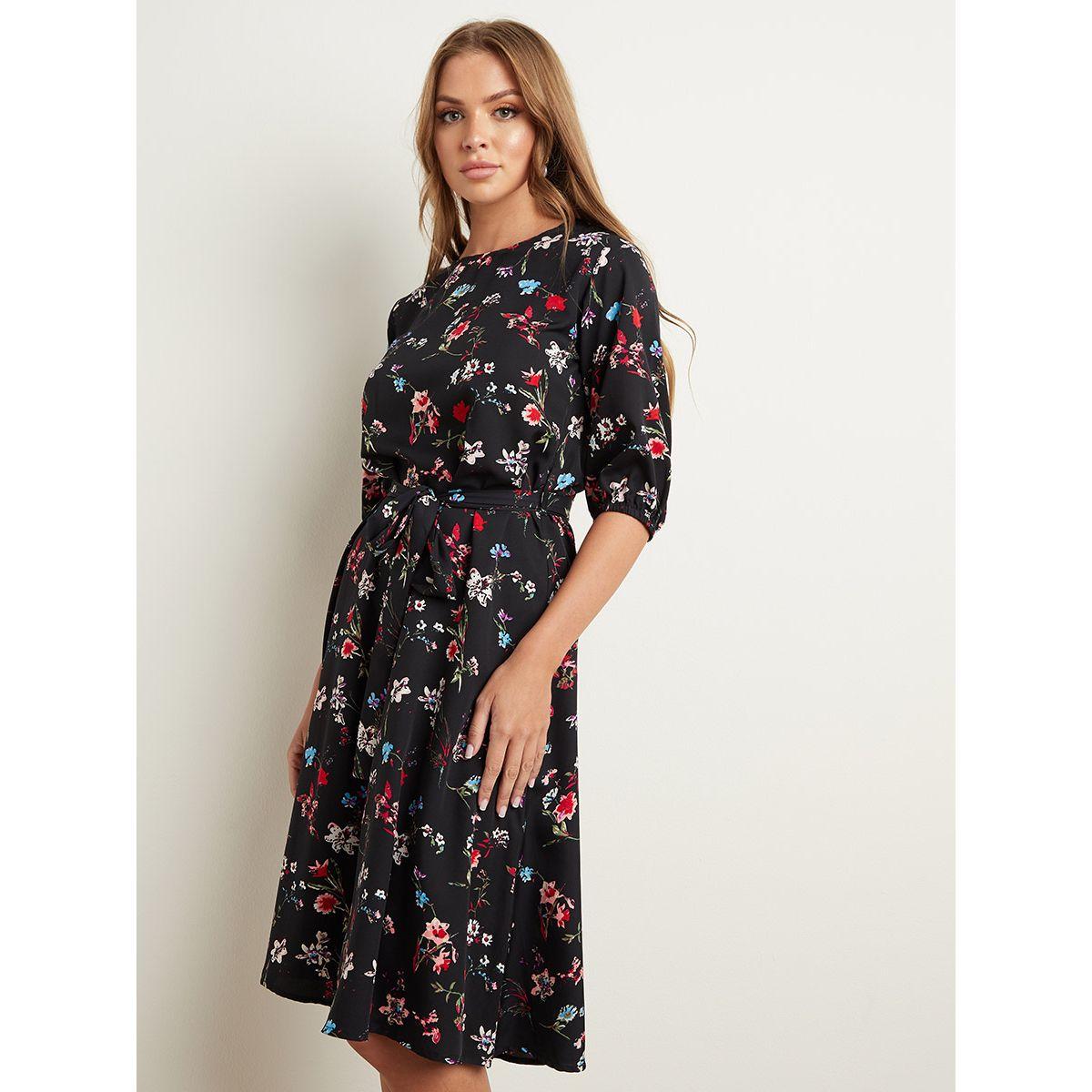 Styli Floral Printed 3/4 Sleeves Midi Dress with Tie Waist-women-clothing-dresses-image-3