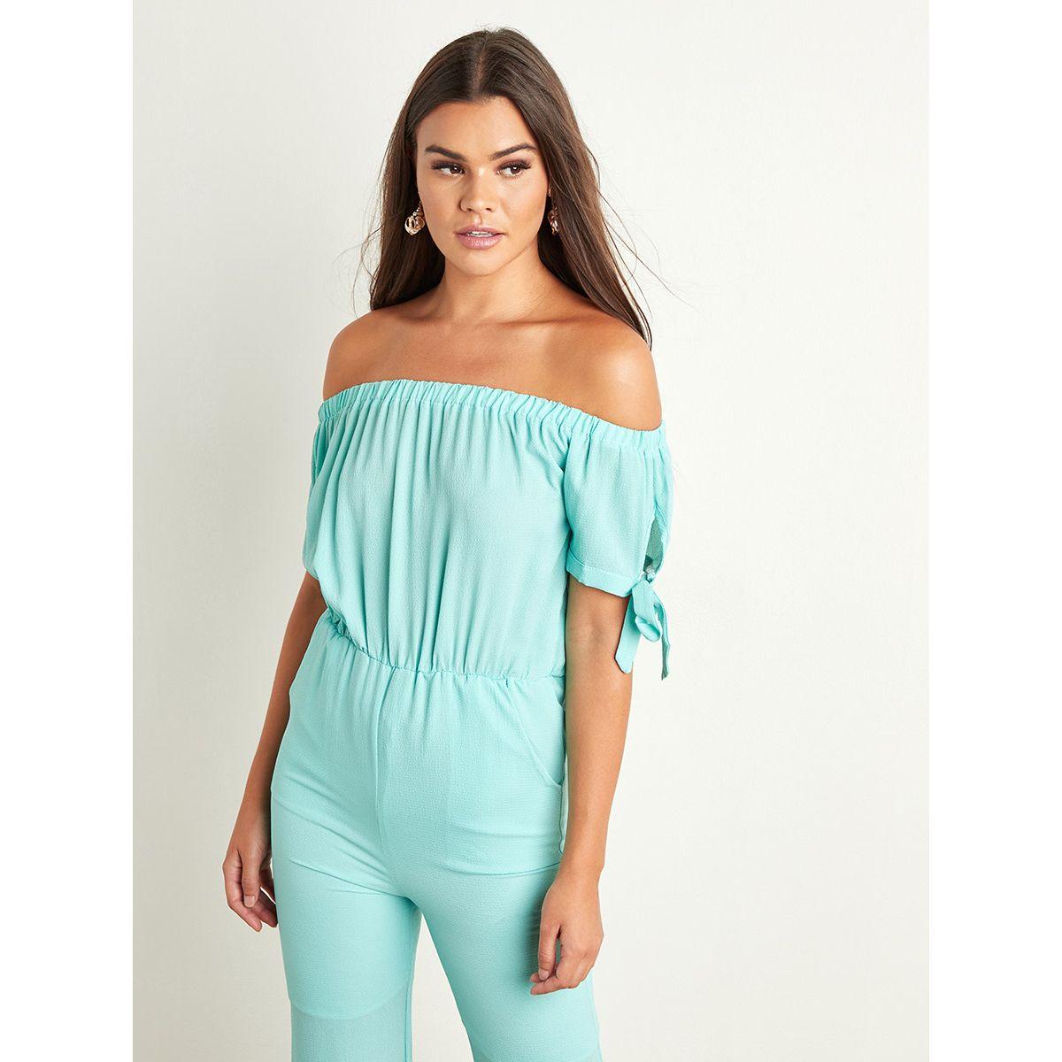 Styli Plain Bardot Wide Leg Jumpsuit with Tie Cuff Sleeves-women-clothing-jumpsuits-image-3