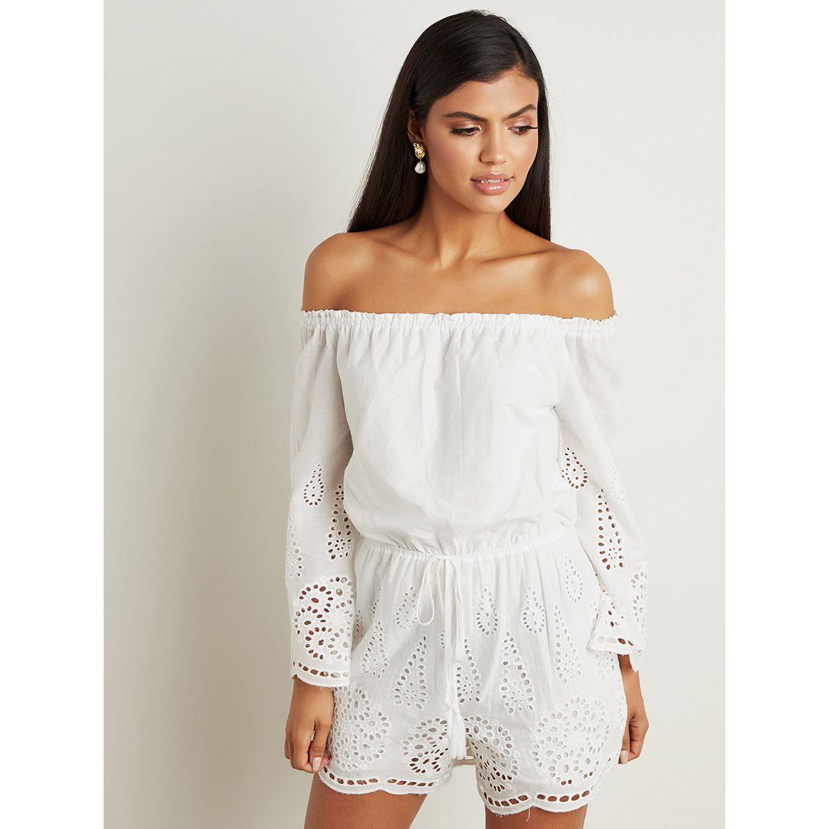 Styli Plain Schiffli Bardot Romper with Drawstring Waist-women-clothing-jumpsuits-image-5