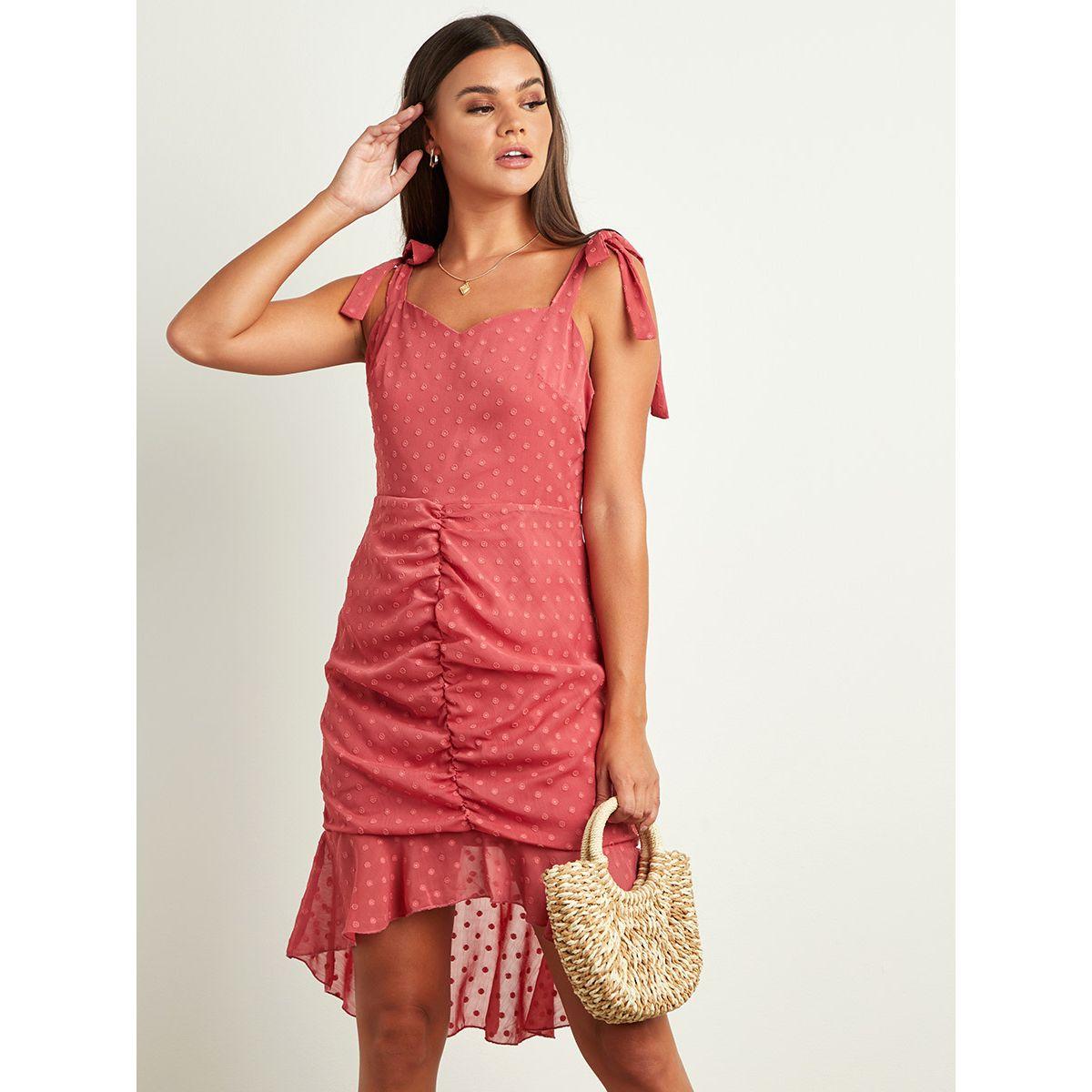 Styli Tie Shoulder Dobby Bodycon Mini Dress with High Low Hem-women-clothing-dresses-image-4