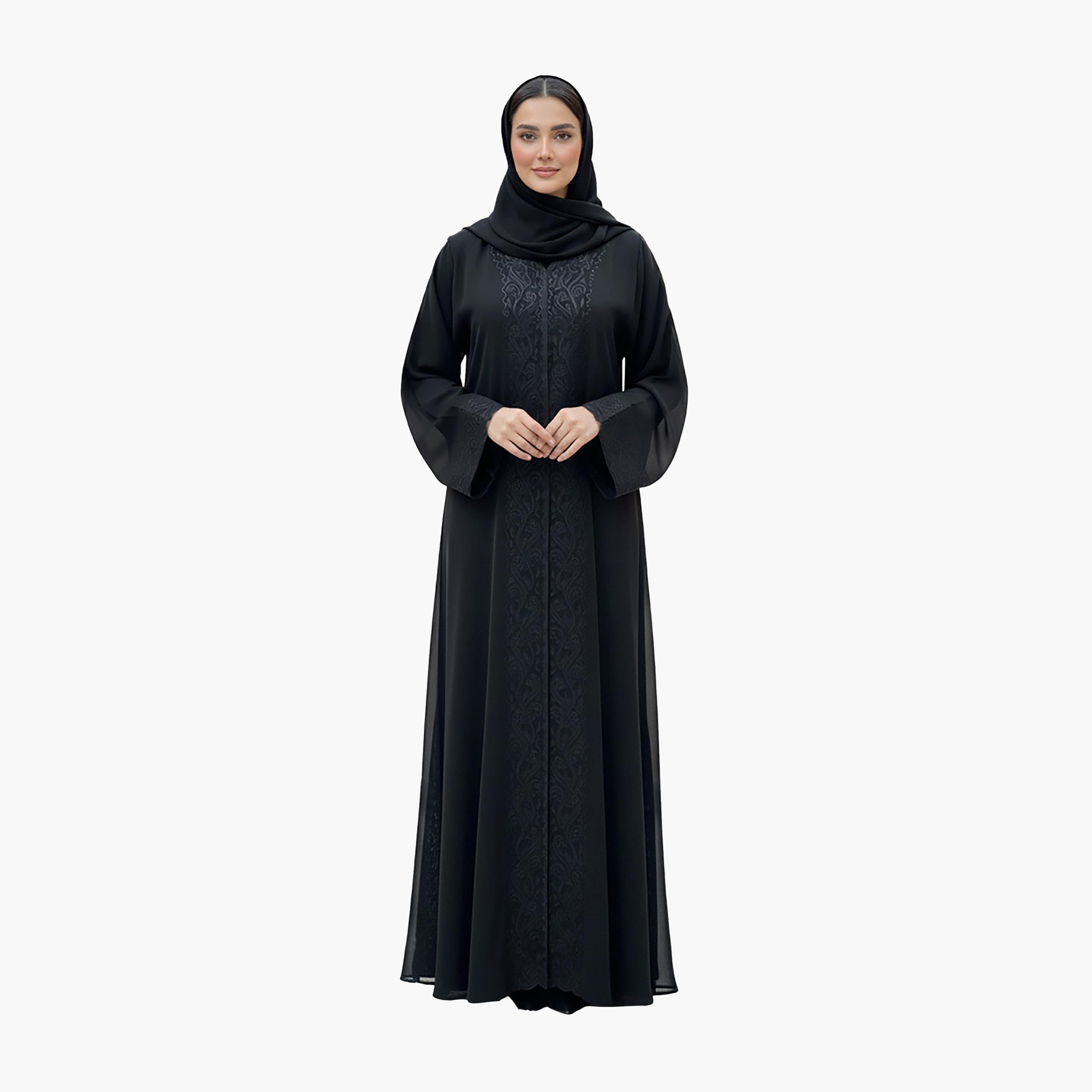 Nukhbaa Black Tonal Cutwork Scalloped Wide Sleeves Nida Women's Evening Abaya with Hijab-women-arabicclothing-abayas-image-1