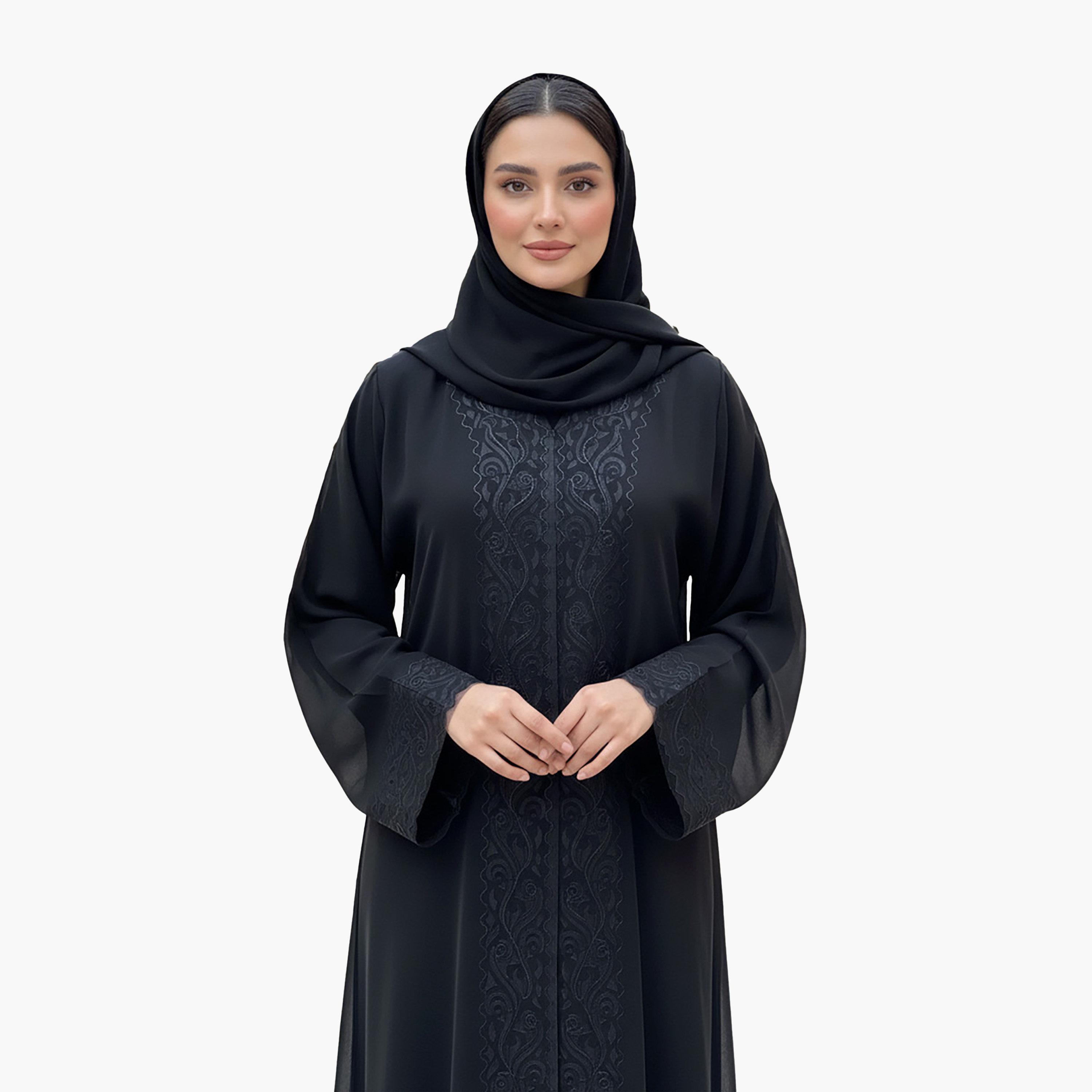 Nukhbaa Black Tonal Cutwork Scalloped Wide Sleeves Nida Women's Evening Abaya with Hijab-women-arabicclothing-abayas-image-2