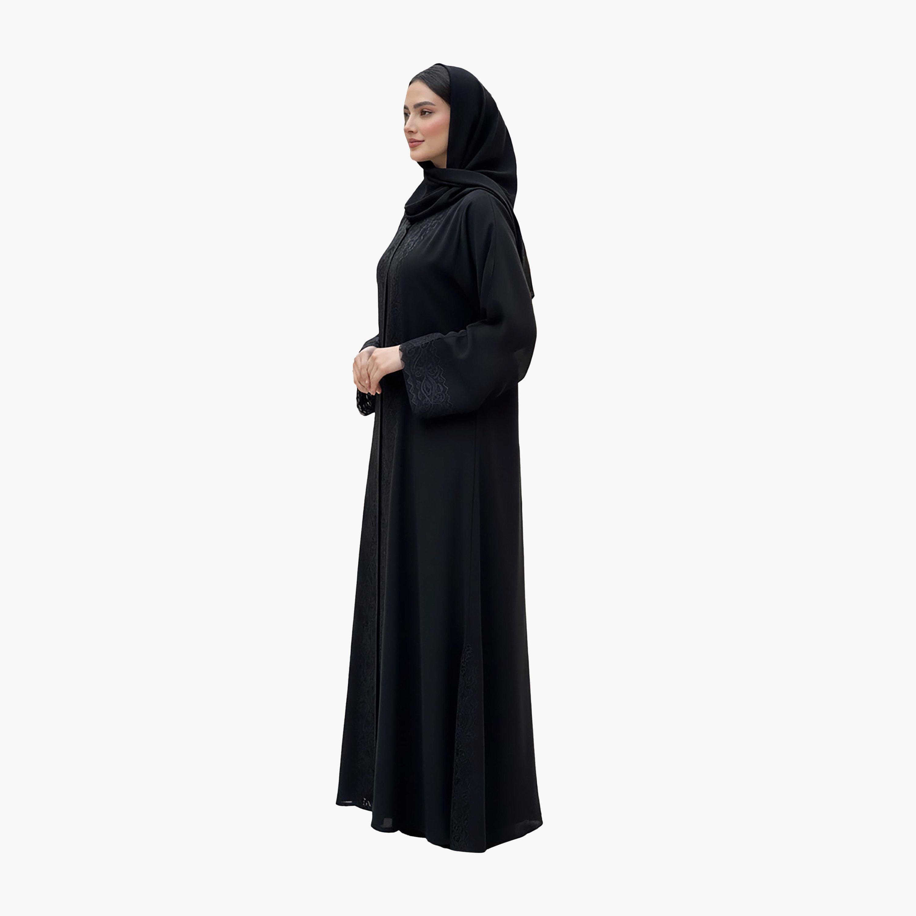 Nukhbaa Black Tonal Cutwork Scalloped Wide Sleeves Nida Women's Evening Abaya with Hijab-women-arabicclothing-abayas-image-3