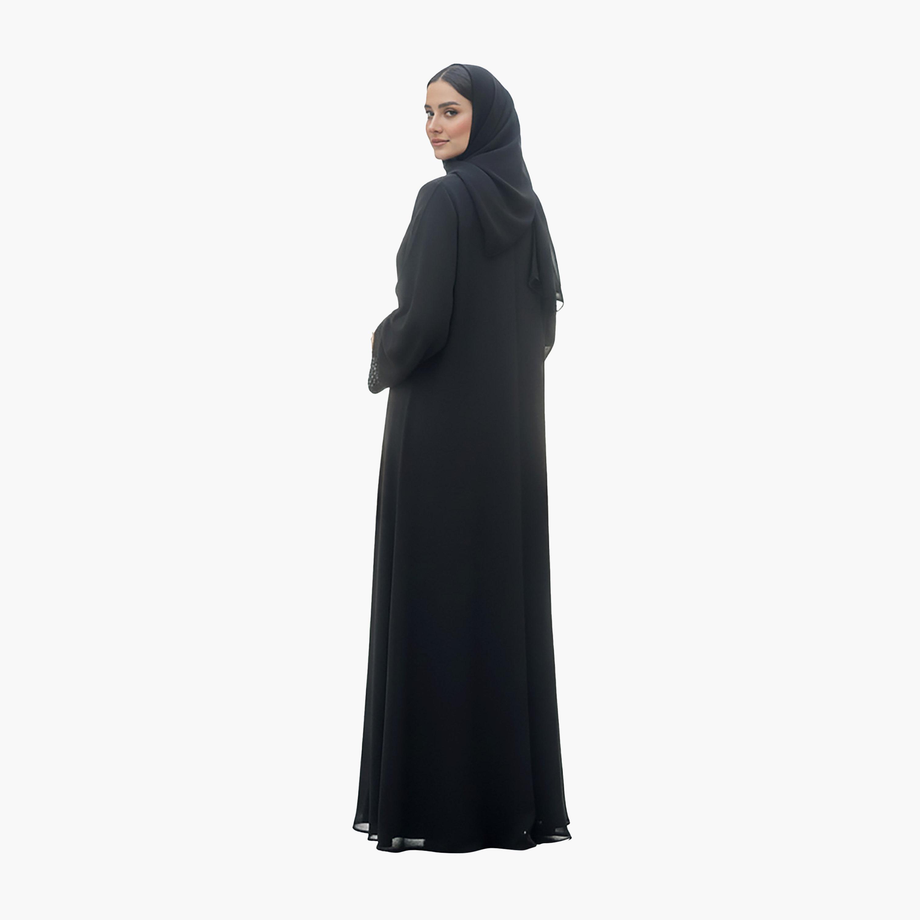 Nukhbaa Black Tonal Cutwork Scalloped Wide Sleeves Nida Women's Evening Abaya with Hijab-women-arabicclothing-abayas-image-4