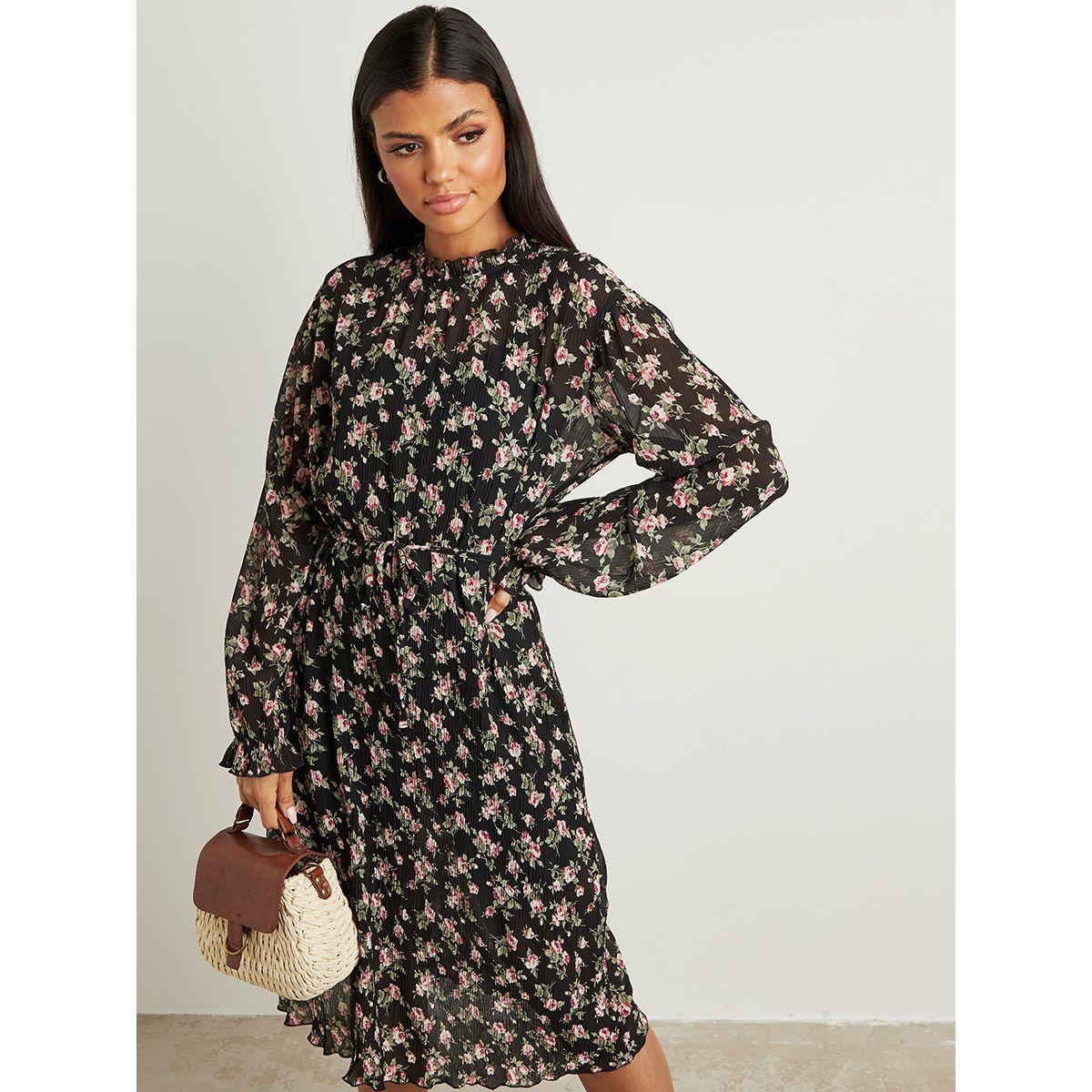 Styli Pleated Floral Midi Dress with Ruffled High Neck-women-clothing-dresses-image-1