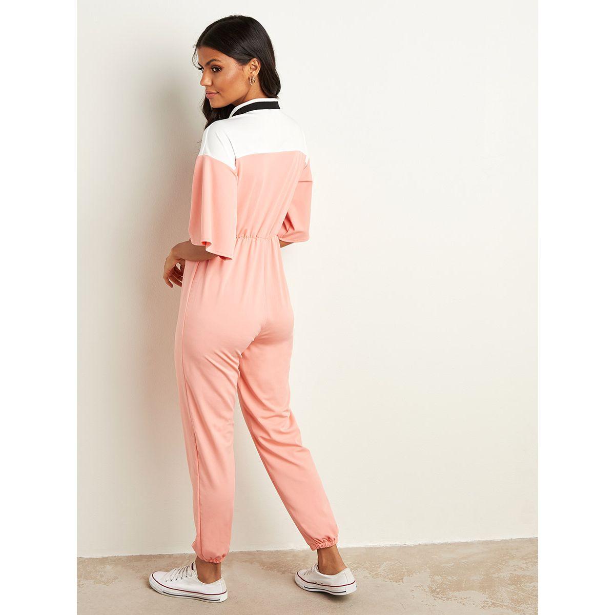 Styli Color Block Short Sleeves Jumpsuit with Front Zip Closure-women-clothing-jumpsuits-image-2