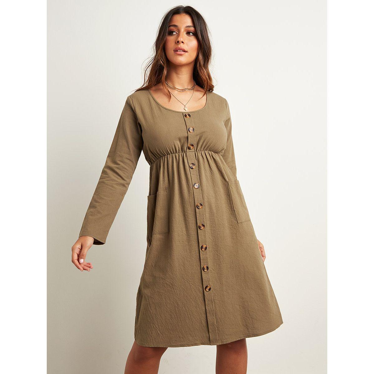 فستان ميدي سادة بأكمام طويلة-women-clothing-dresses-image-1