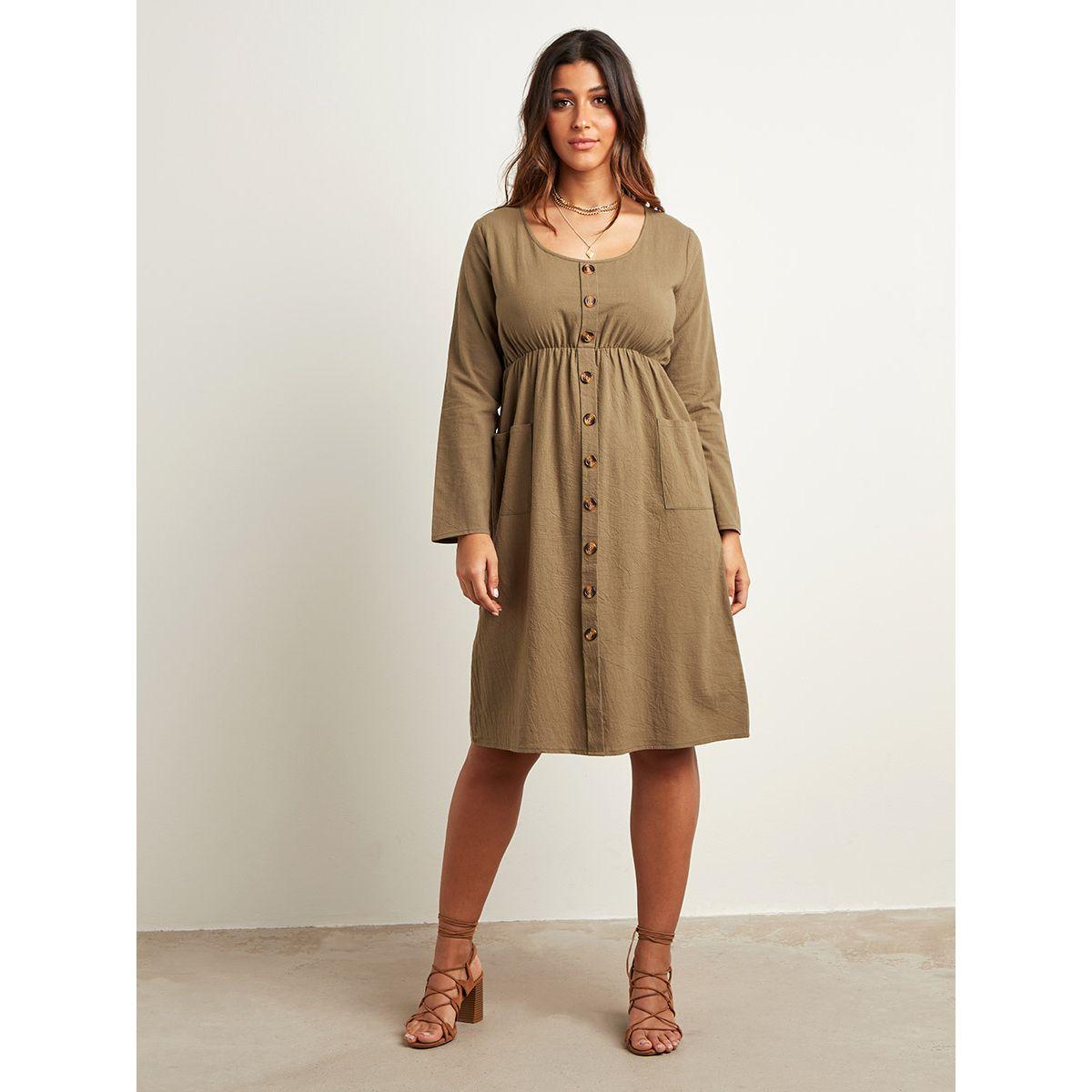 Styli Plain Scoop Neck Midi Dress with Pocket and Button Front Detail-women-clothing-dresses-image-3