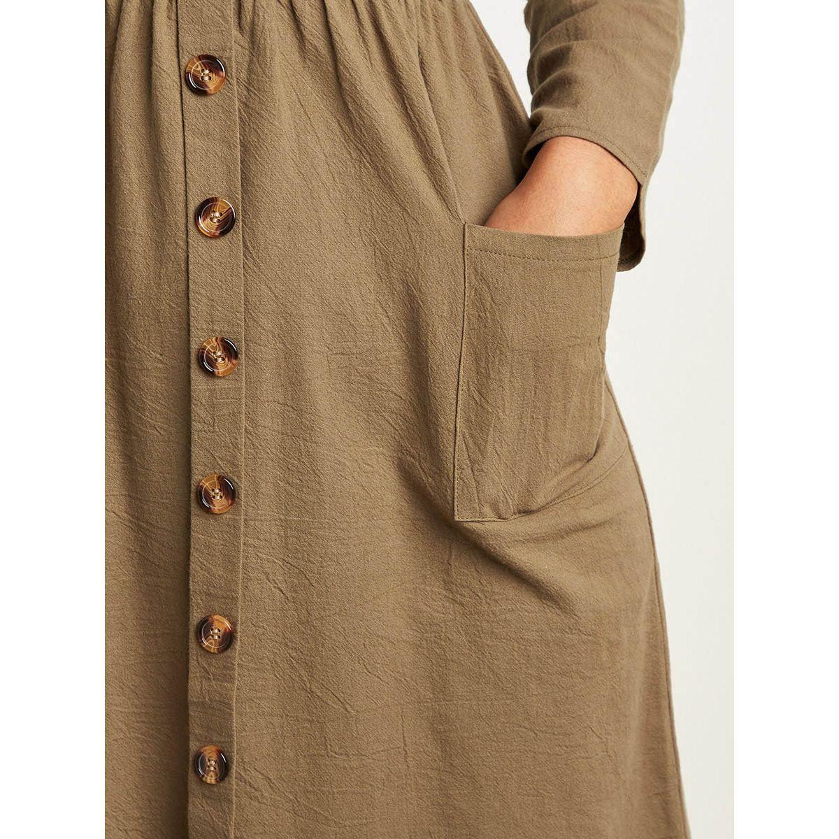 Styli Plain Scoop Neck Midi Dress with Pocket and Button Front Detail-women-clothing-dresses-image-4