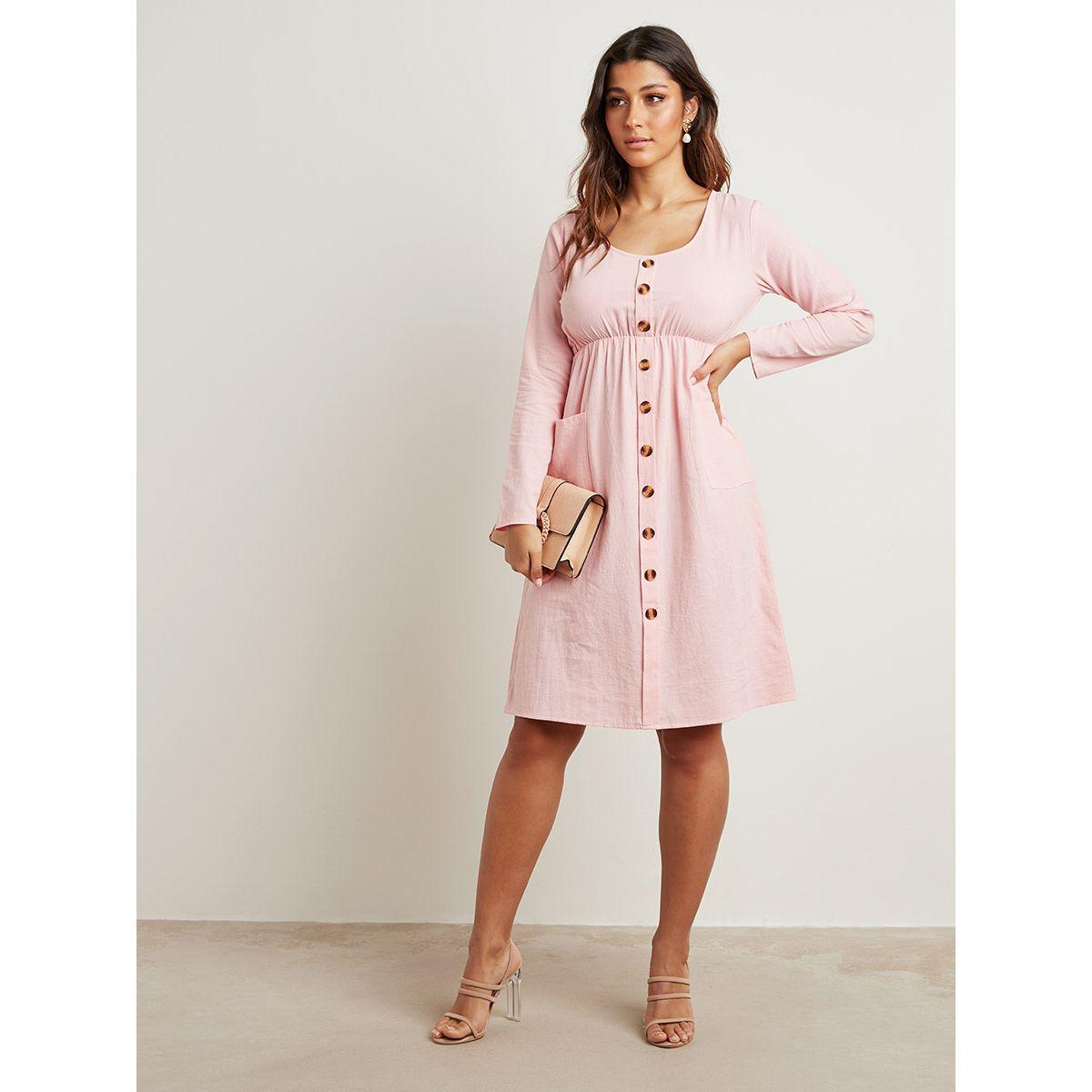 Styli Plain Scoop Neck Midi Dress with Pocket and Button Front Detail-women-clothing-dresses-image-1