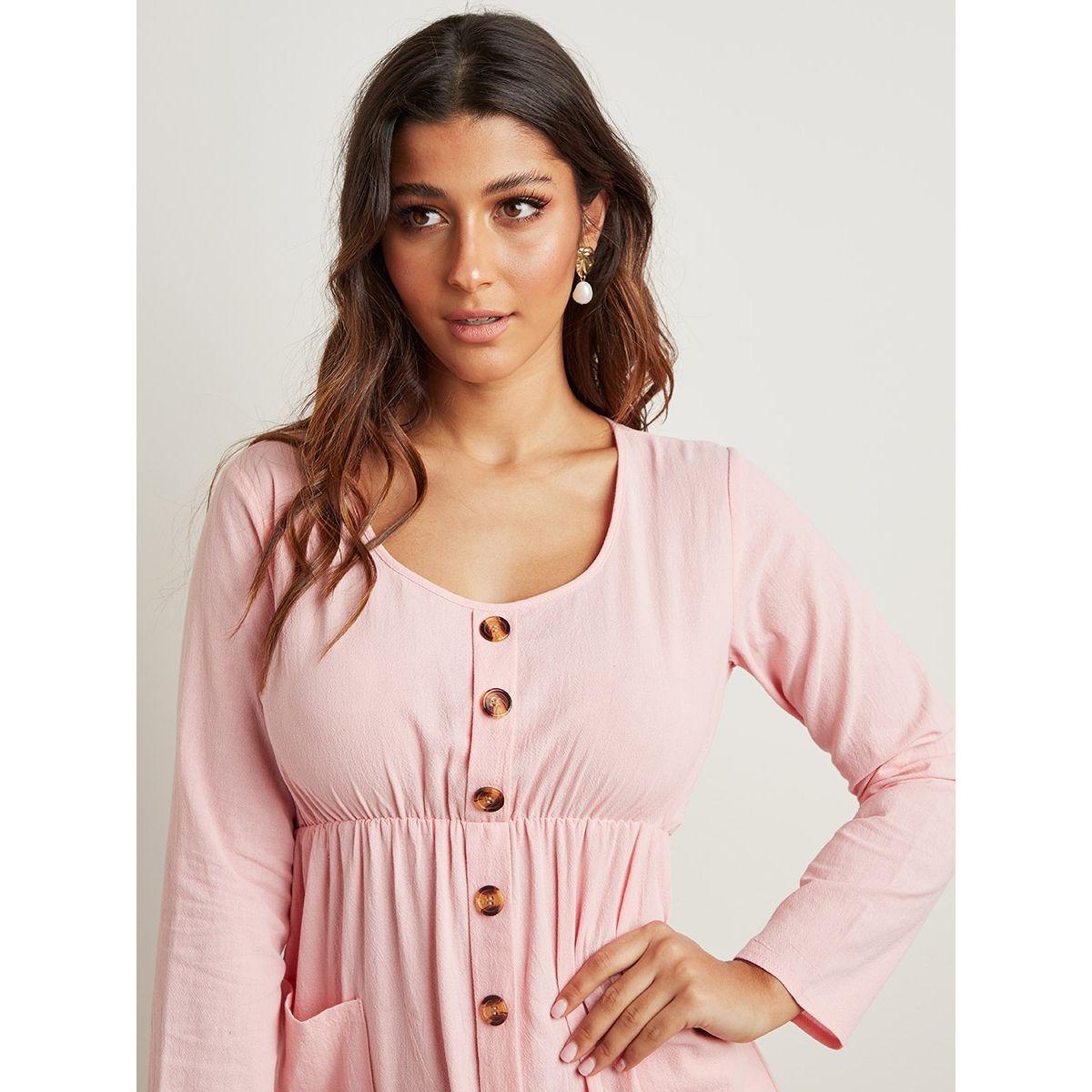 Styli Plain Scoop Neck Midi Dress with Pocket and Button Front Detail-women-clothing-dresses-image-2