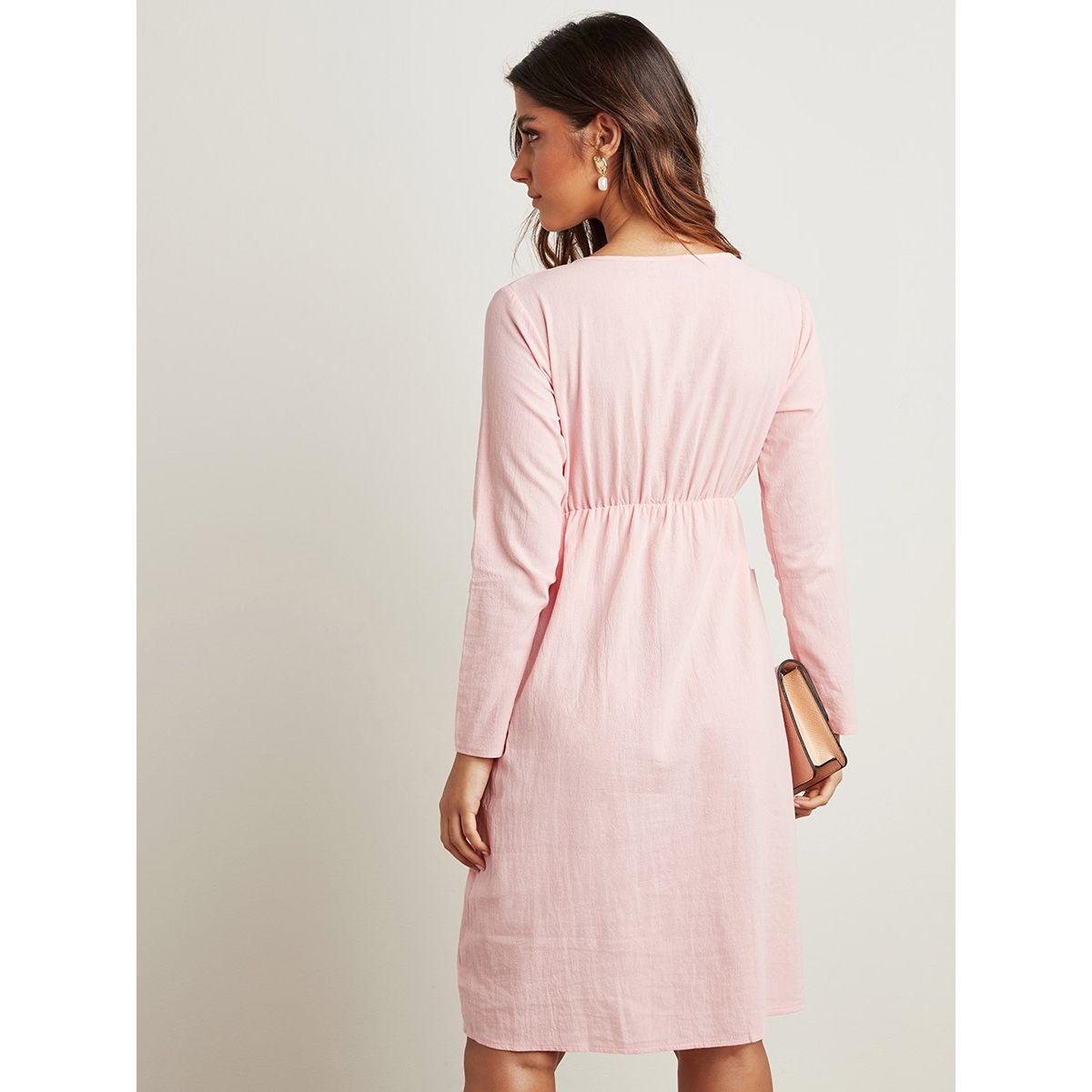 Styli Plain Scoop Neck Midi Dress with Pocket and Button Front Detail-women-clothing-dresses-image-4