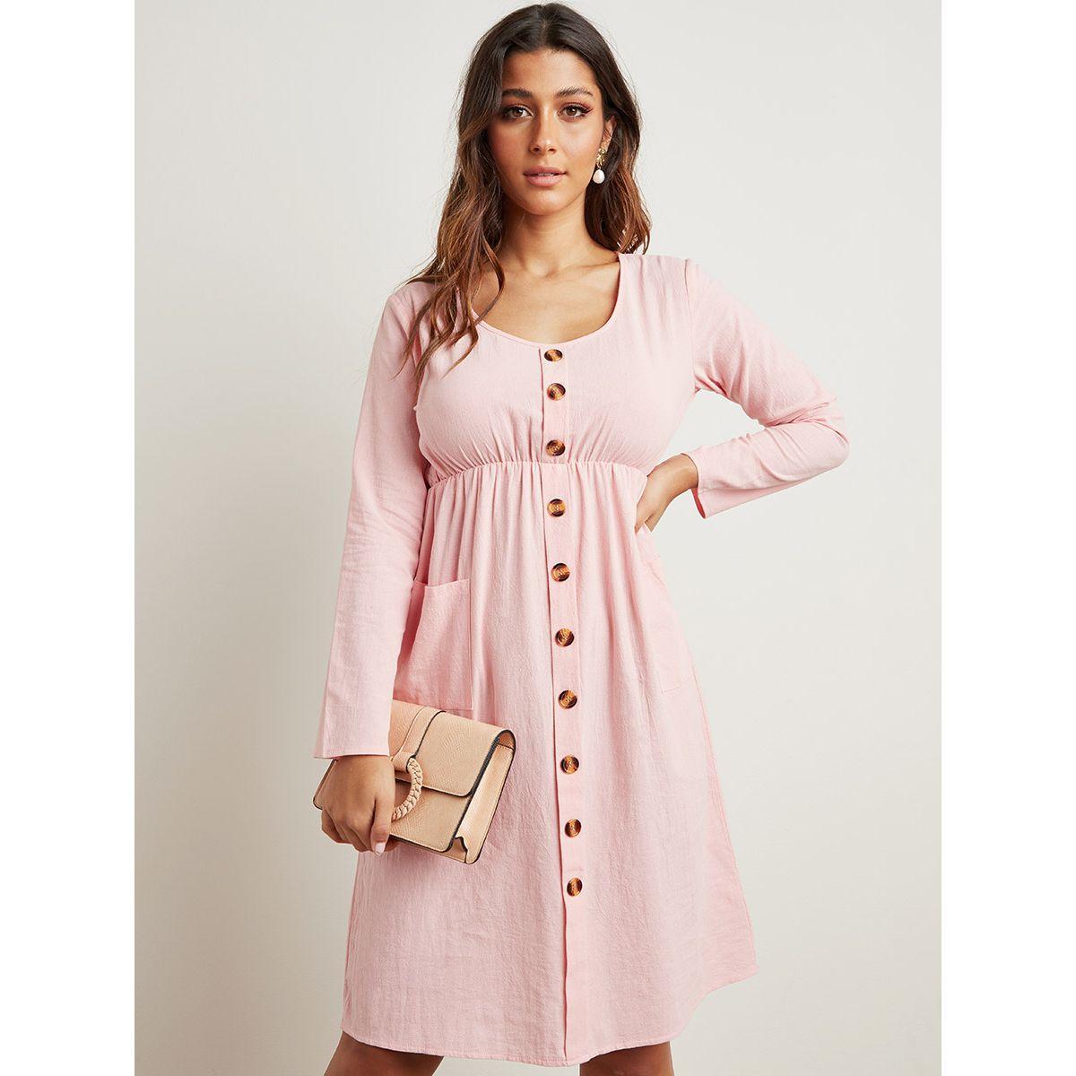 Styli Plain Scoop Neck Midi Dress with Pocket and Button Front Detail-women-clothing-dresses-image-5