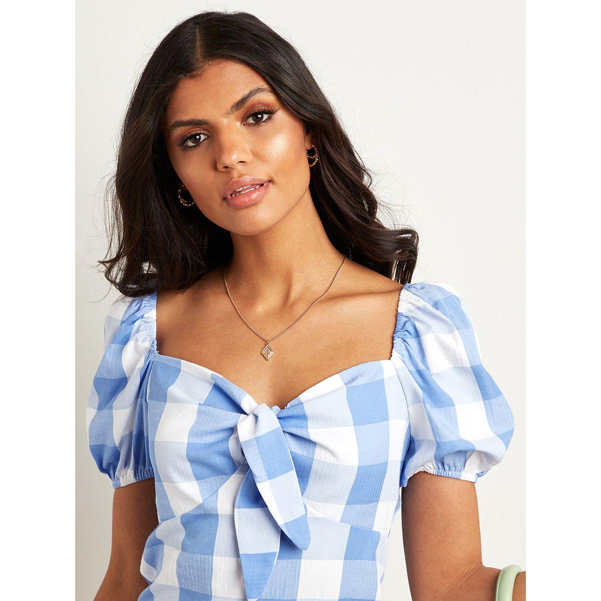 Styli Checked Front Tie Up Puff Sleeves Midi Dress-women-clothing-dresses-image-3
