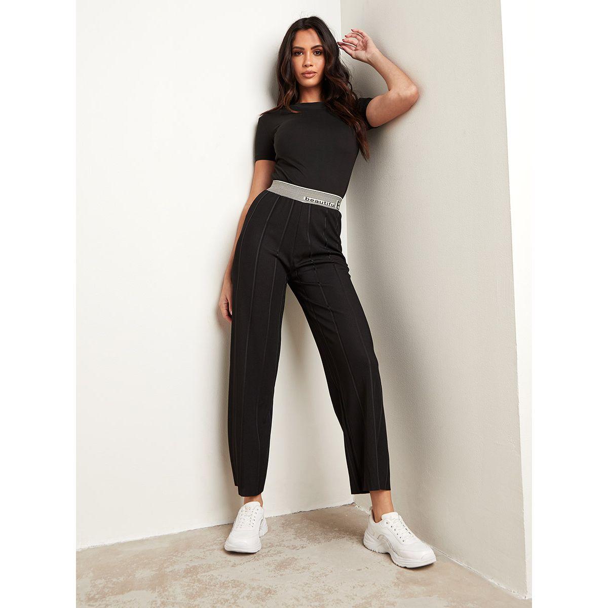 بنطال مضلع بقصة ارجل واسعة من ستايلي-women-clothing-bottoms-joggers-image-2