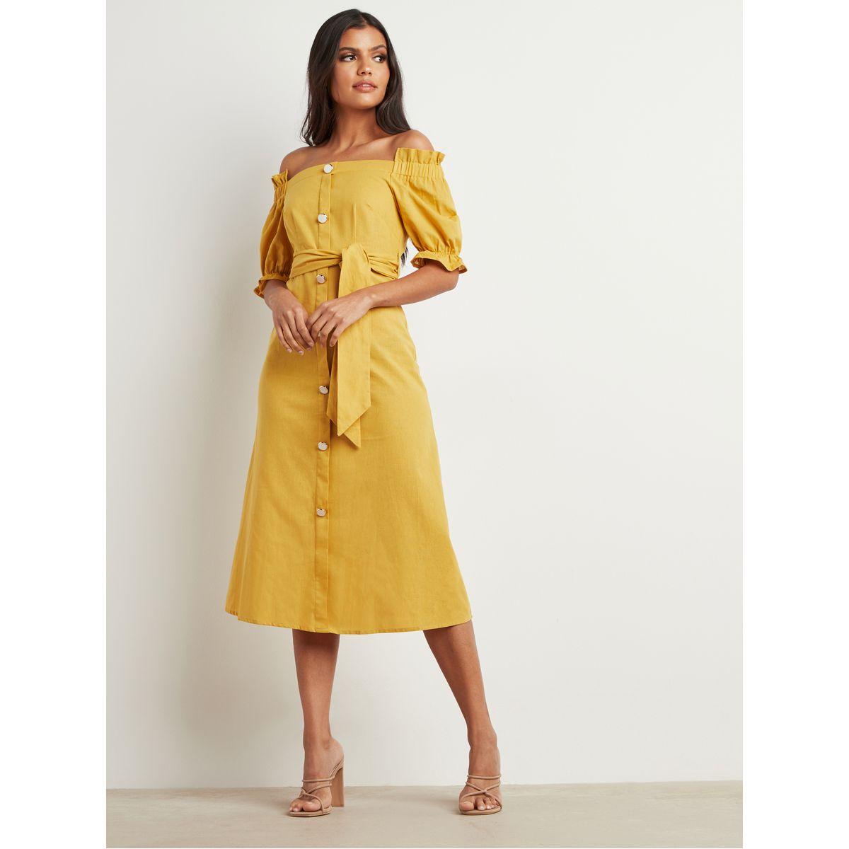 Styli Button Through Bardot Midi Dress with Self Tie Belt-women-clothing-dresses-image-1