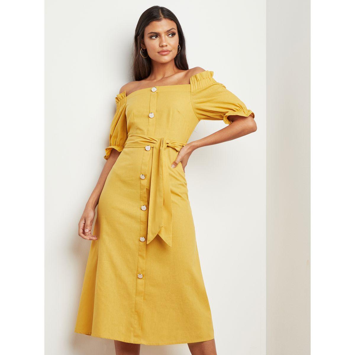 Styli Button Through Bardot Midi Dress with Self Tie Belt-women-clothing-dresses-image-5