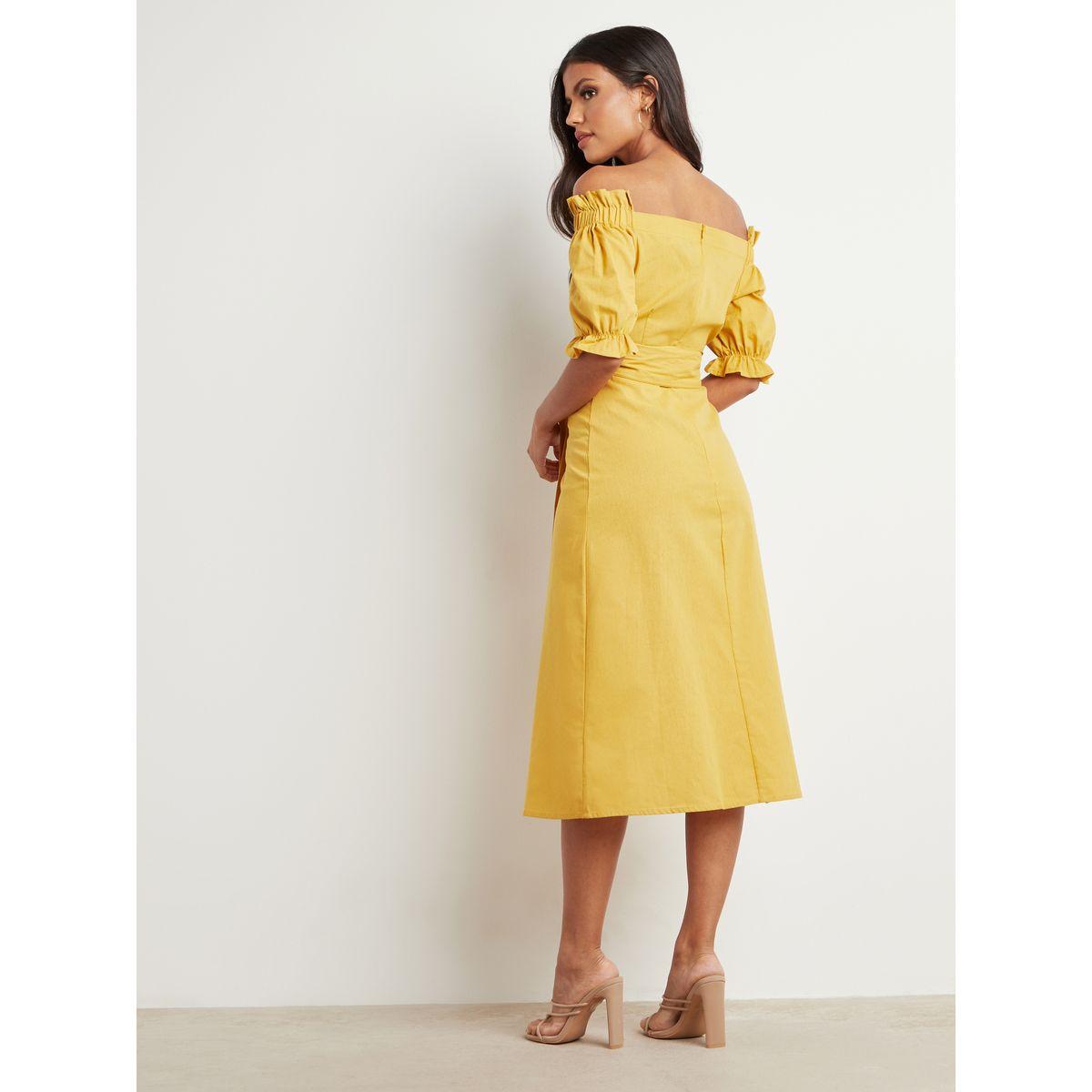 Styli Button Through Bardot Midi Dress with Self Tie Belt-women-clothing-dresses-image-6