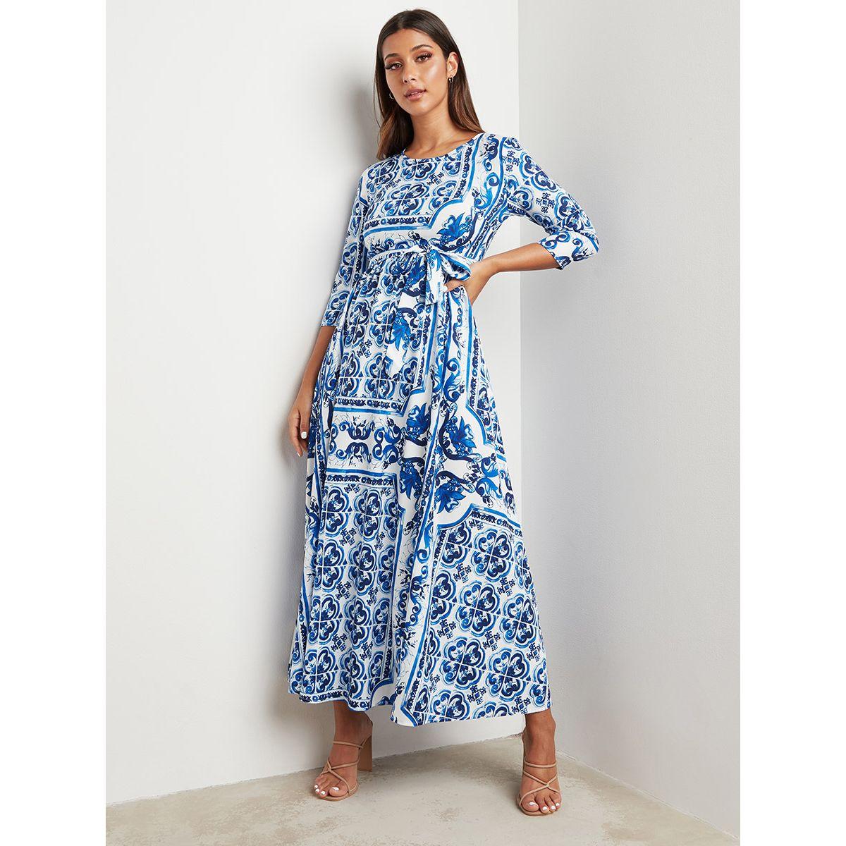 Styli Tile Print A-line Maxi Dress with Tie Up Belt-women-clothing-dresses-image-1