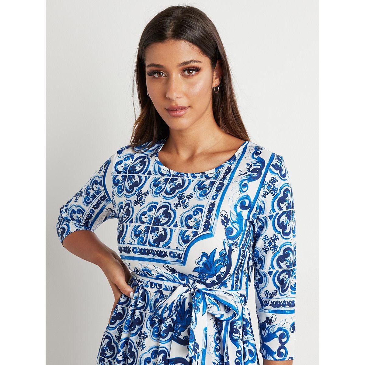 Styli Tile Print A-line Maxi Dress with Tie Up Belt-women-clothing-dresses-image-2