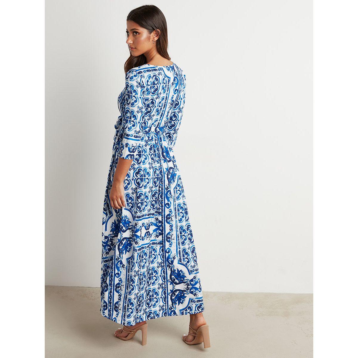 Styli Tile Print A-line Maxi Dress with Tie Up Belt-women-clothing-dresses-image-3