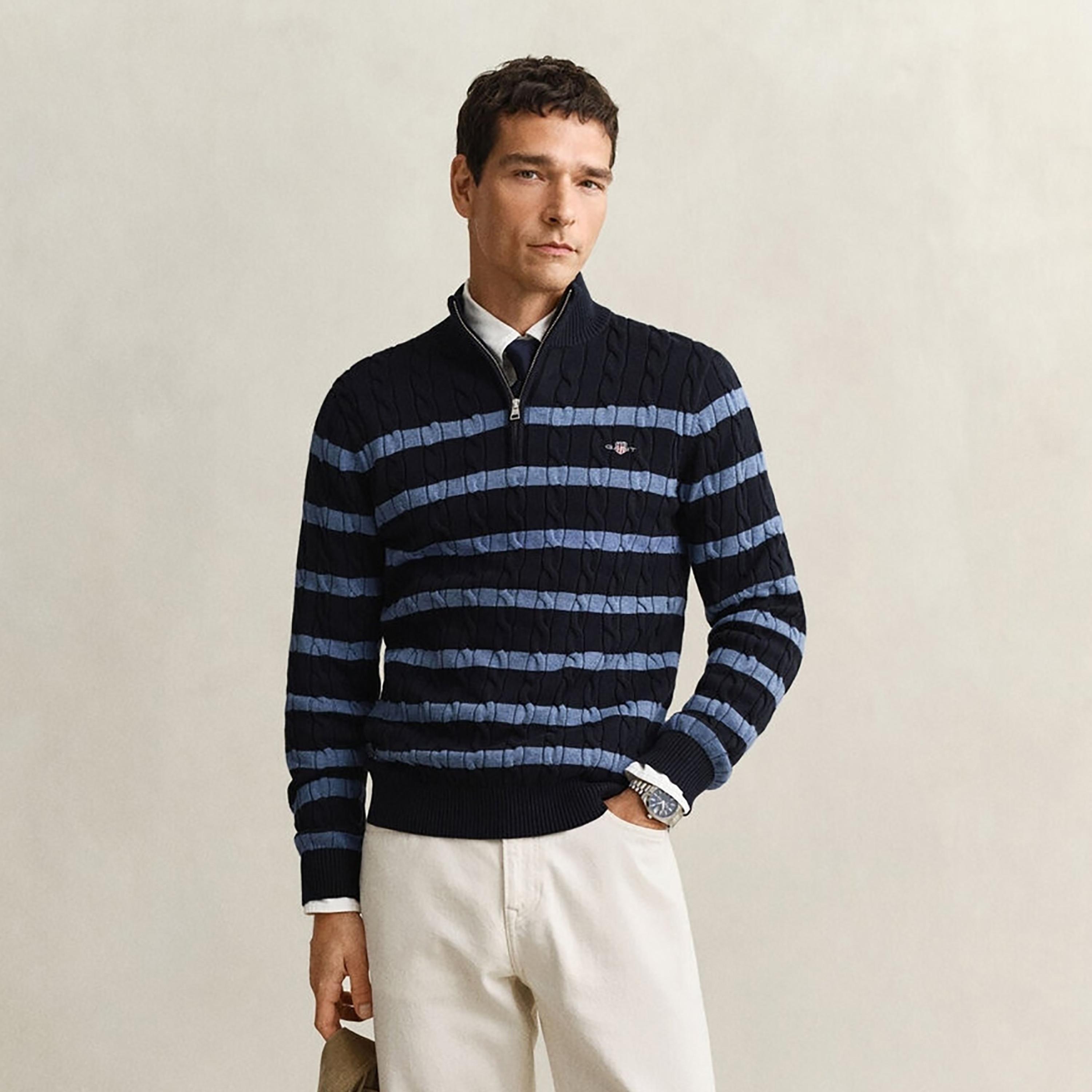 Gant Striped Cable Knit High Neck Long Sleeves Half Zip Men's Sweater-men-clothing-sweatersandpullovers-image-1