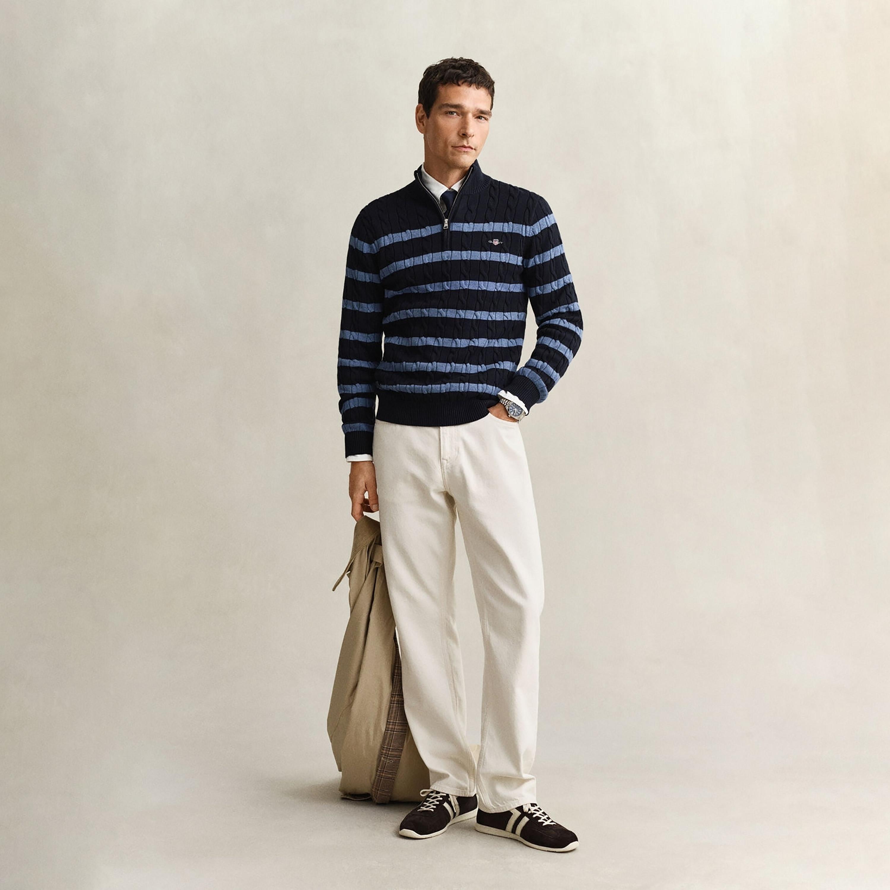 Gant Striped Cable Knit High Neck Long Sleeves Half Zip Men's Sweater-men-clothing-sweatersandpullovers-image-2