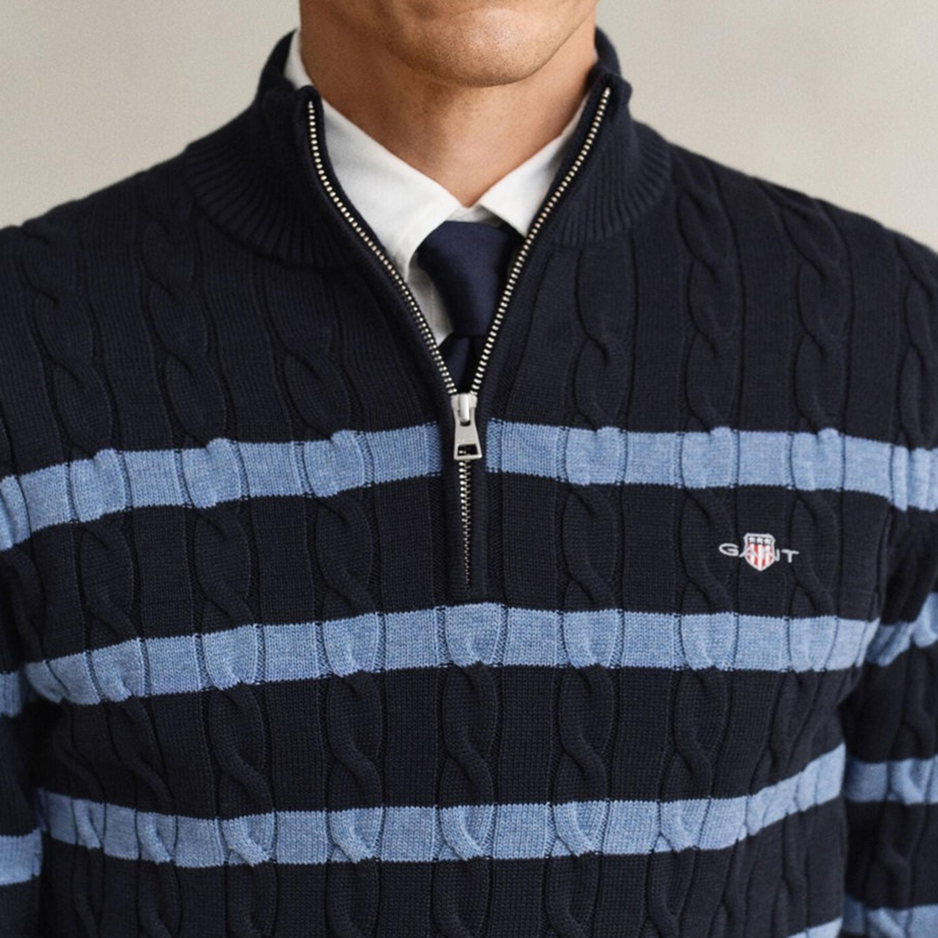 Gant Striped Cable Knit High Neck Long Sleeves Half Zip Men's Sweater-men-clothing-sweatersandpullovers-image-3