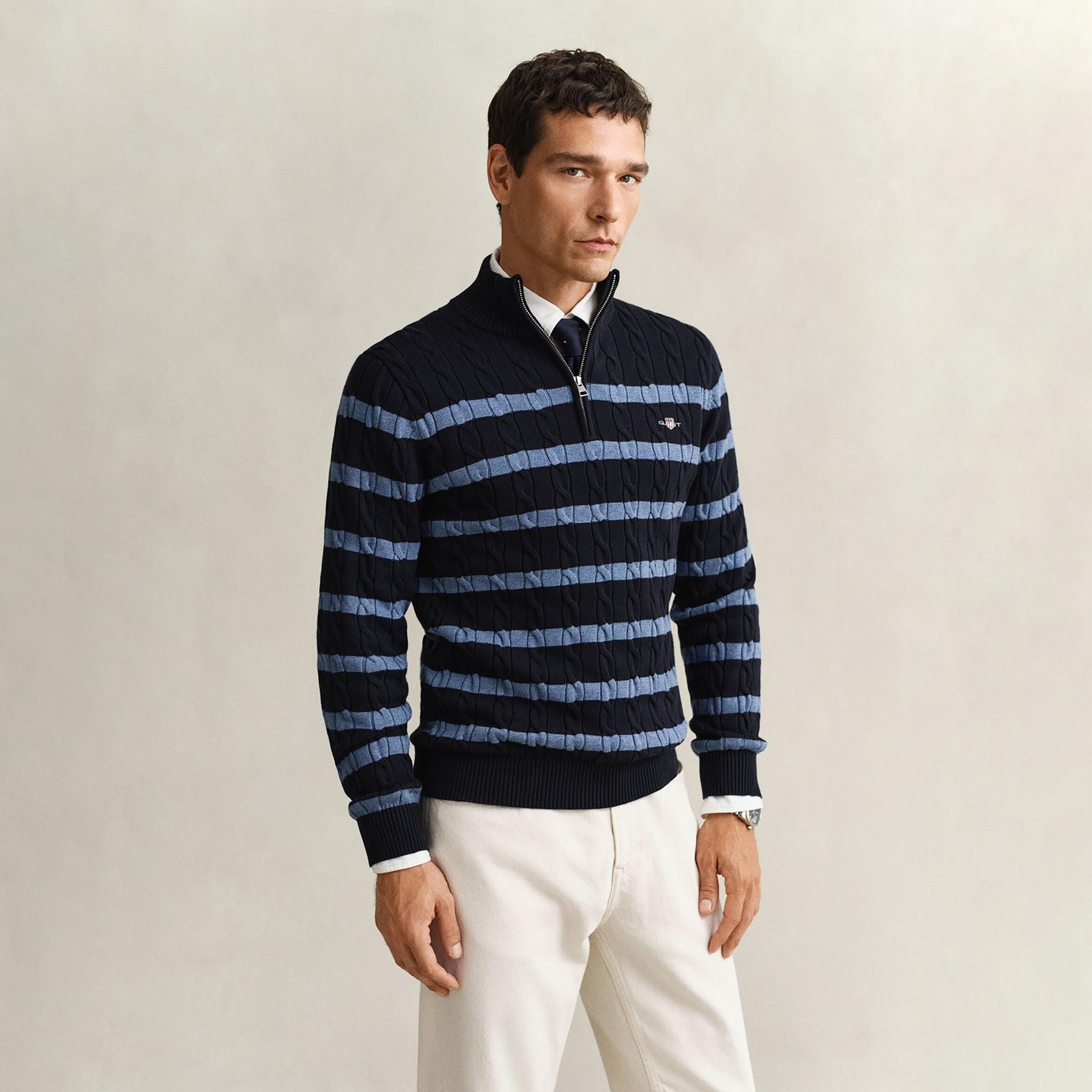 Gant Striped Cable Knit High Neck Long Sleeves Half Zip Men's Sweater-men-clothing-sweatersandpullovers-image-5