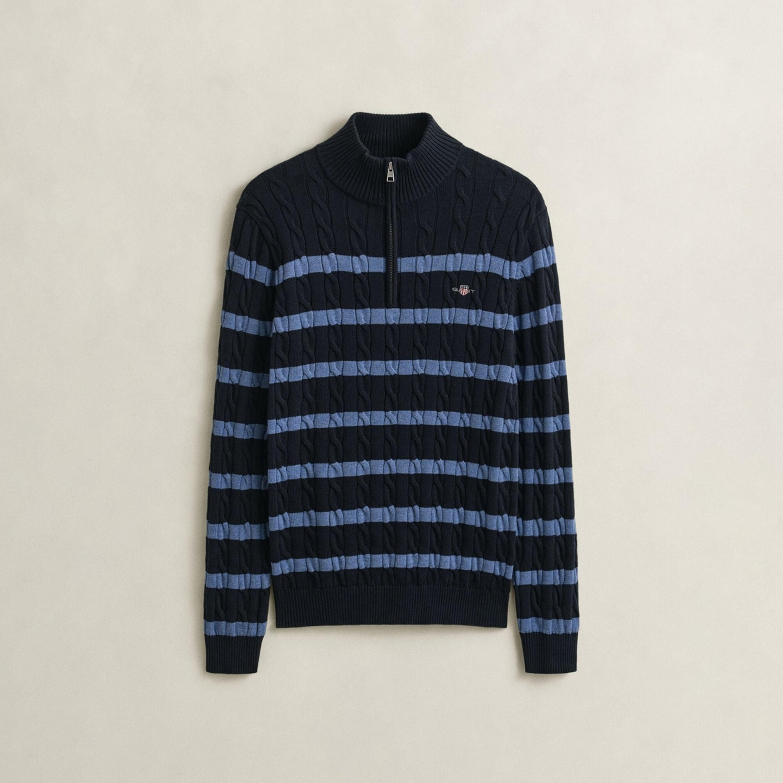 Gant Striped Cable Knit High Neck Long Sleeves Half Zip Men's Sweater-men-clothing-sweatersandpullovers-image-6